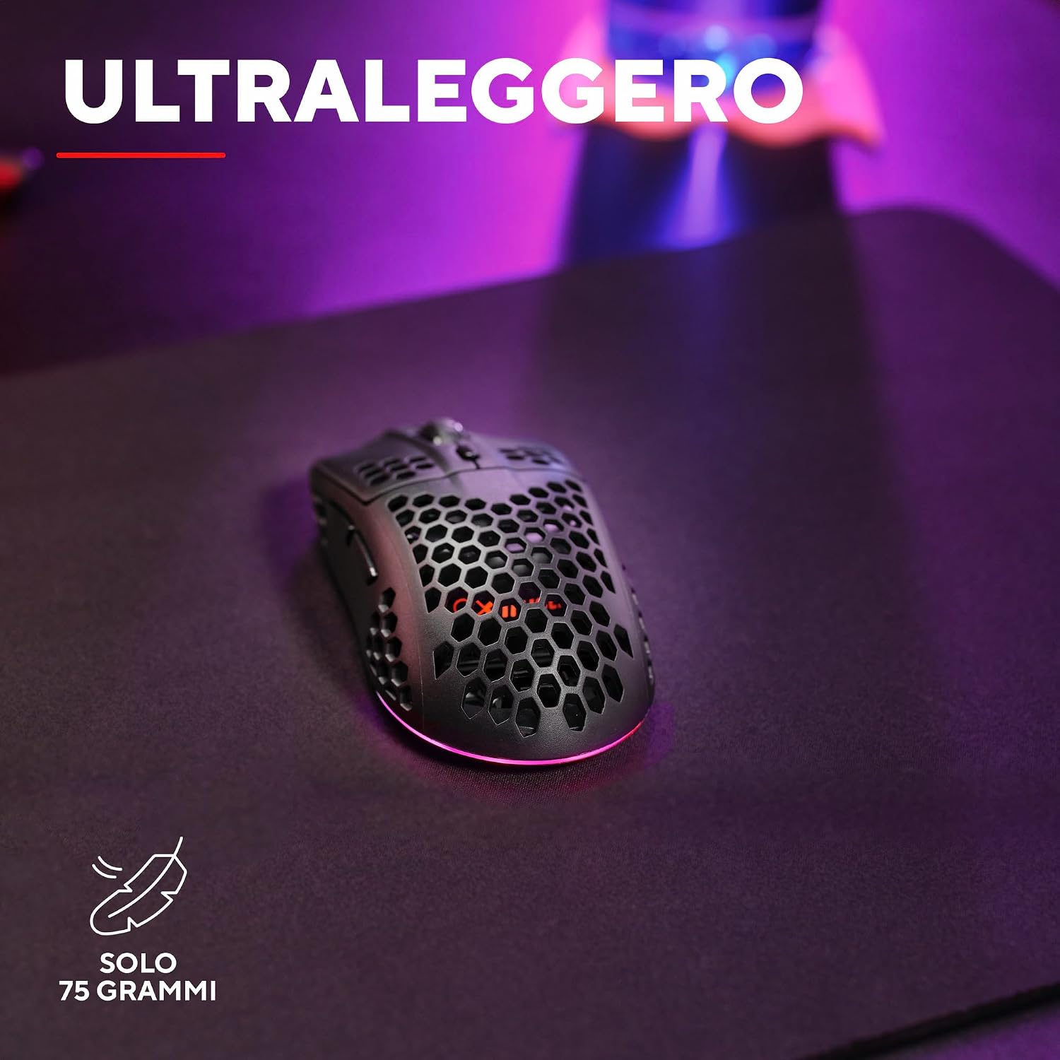 Detalle de GXTrust 929 Helox mouse gaming wireless superleggero 75g, 2.4GHz, DPI 800-4800 e batteria ricaricabile