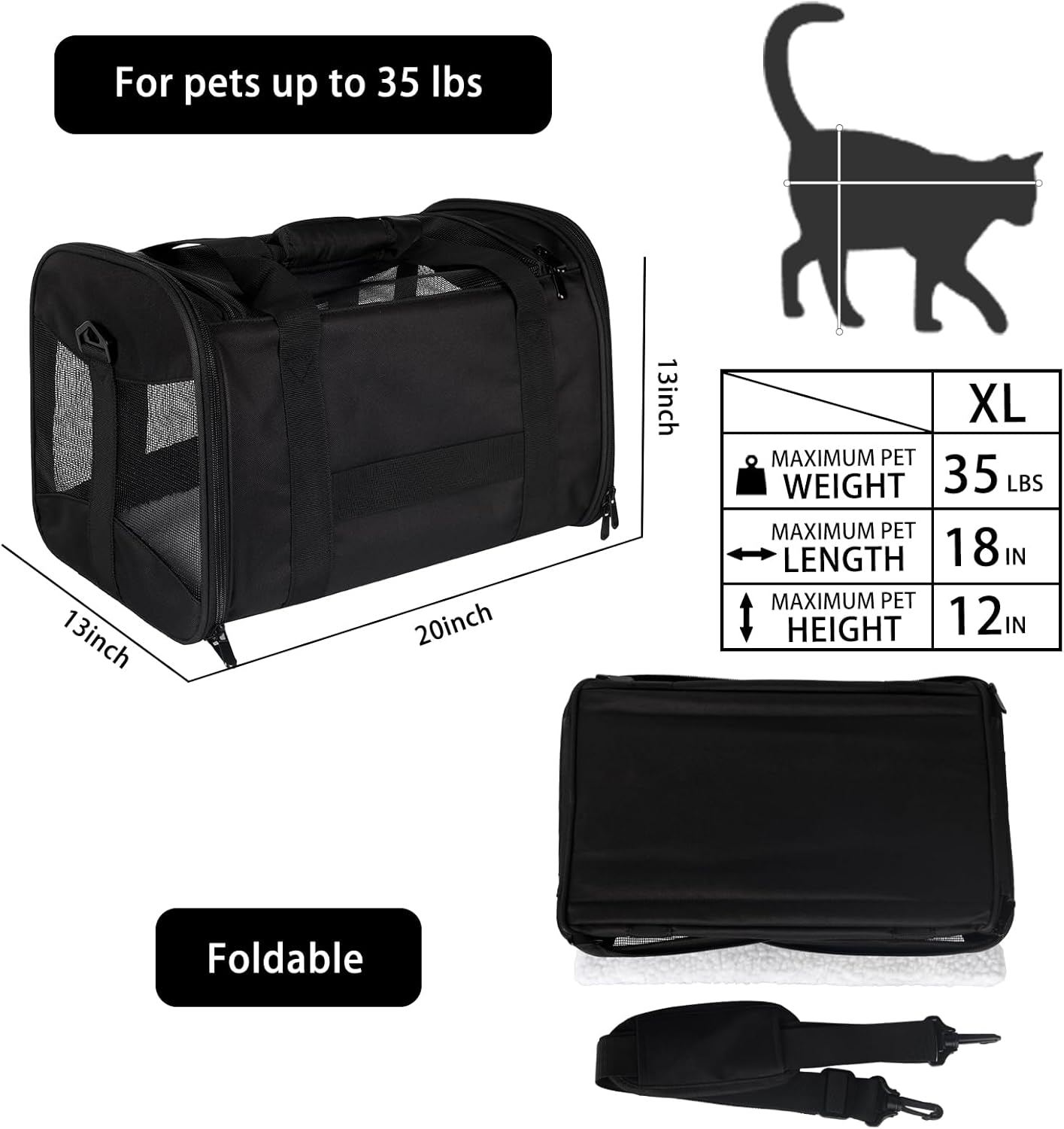 Detalle de Cat Carrying Case — Airline Approved Pet Carrier with Removable Fleece Pad (X-Large, Black)