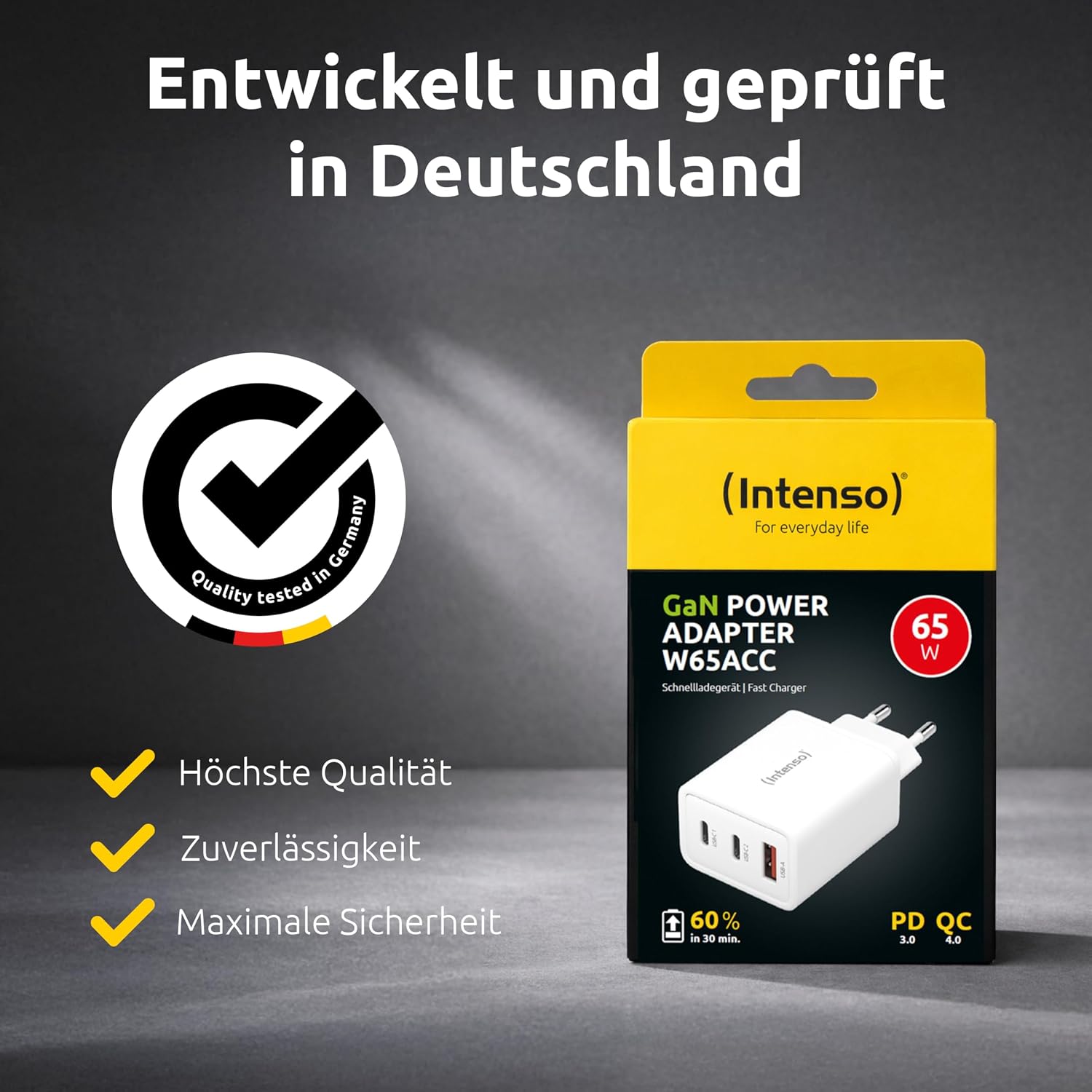 Thumbnail 6 de Intenso W65ACC GaN Netzteil (65 W) – 3-Port USB-C & USB-A Ladegerät mit PD 3.0, PPS & QC 4.0