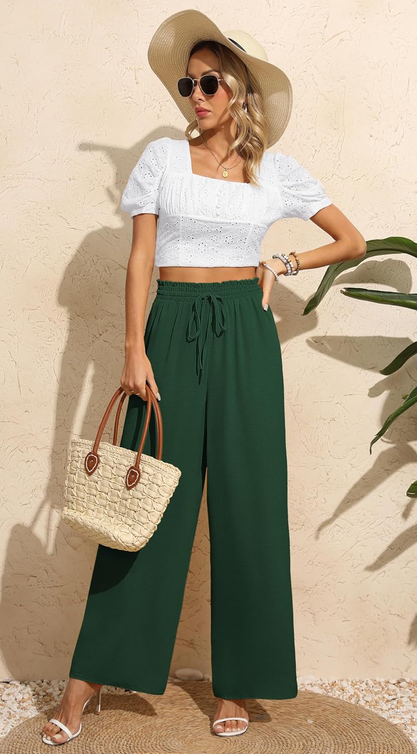 Detalle de BEIGAI Damen Palazzo-Hose mit hoher Taille, Taschen und weitem Bein – bequem & dehnbar für Lounge, Alltag und Freizeit