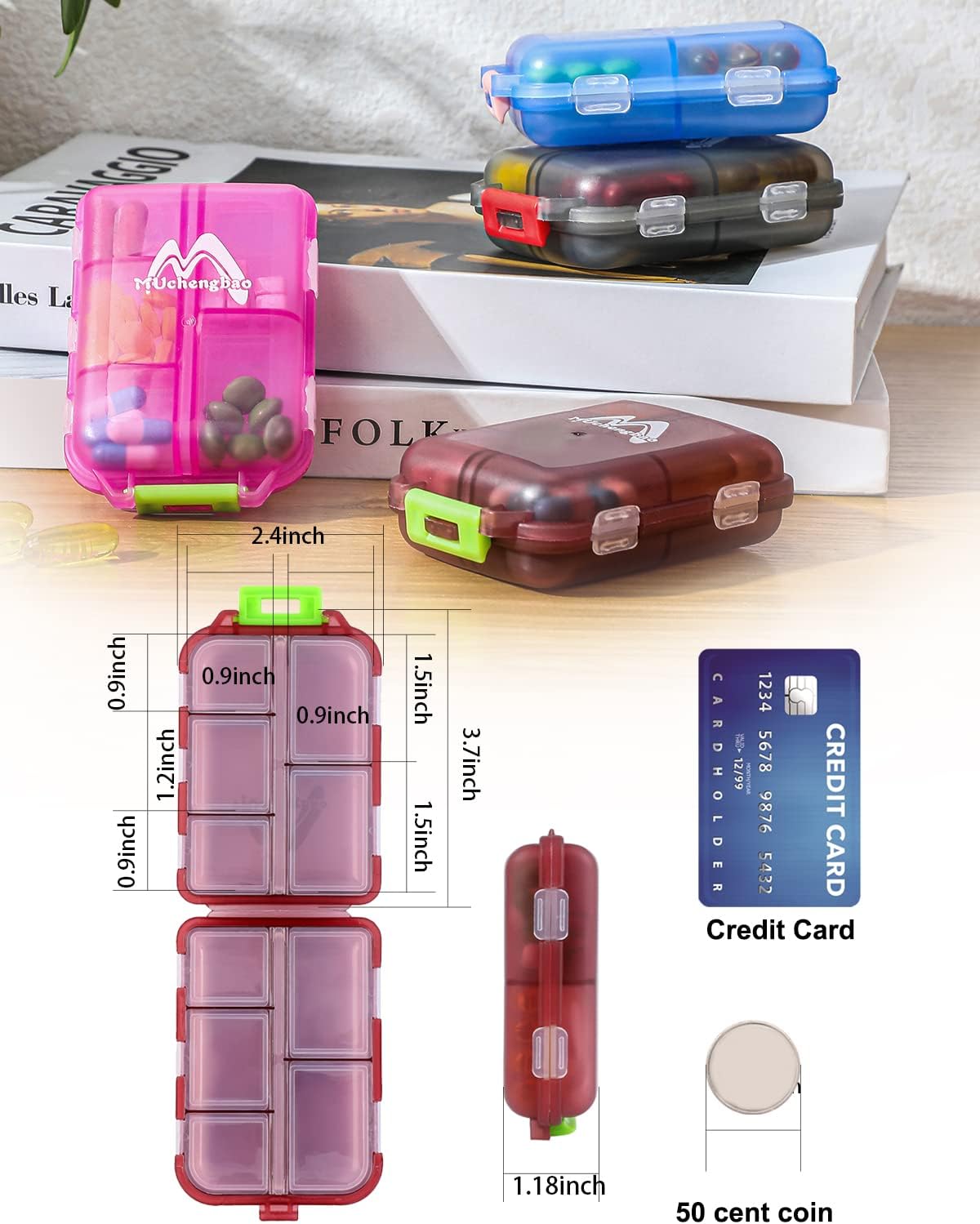 Detalle de 4er-Set Tablettenbox 7 Tage mit 10 Fächern (Pillendose) – Muchengbao, 4 Farben gemischt
