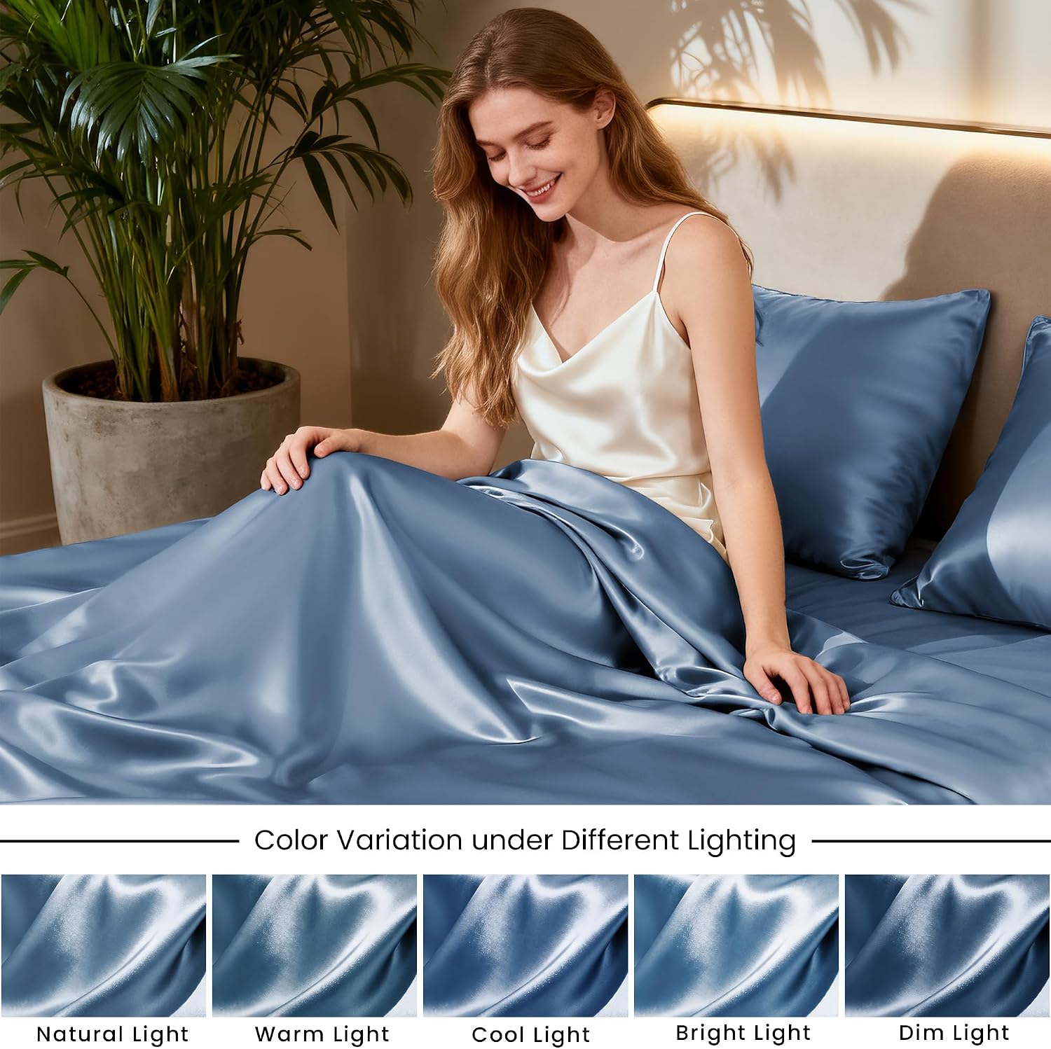 Thumbnail 6 de Love's cabin Queen Satin Sheet Set, Ash Blue, 15-Inch Deep Pocket