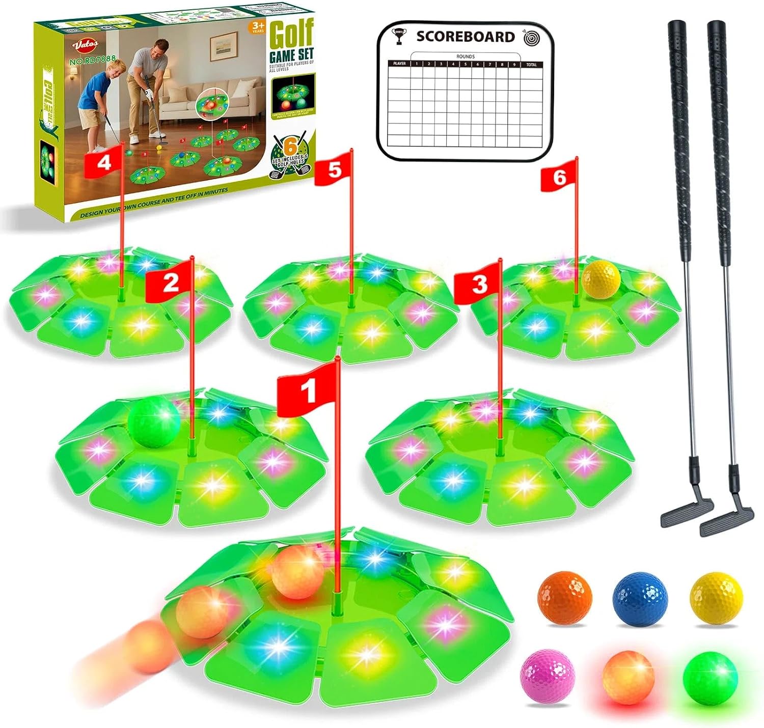 Detalle de VATOS Light up Golf Putting Game Set – Glow Golf Toy with 6 LED Holes and 6 Balls