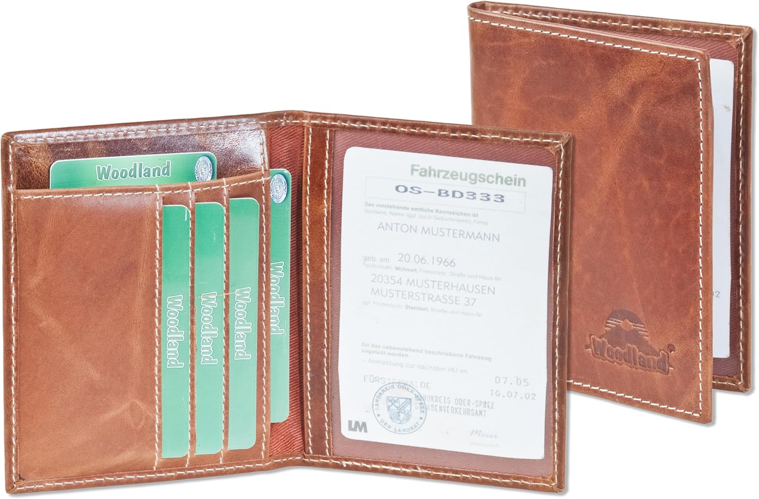 Detalle 2 de Woodland Lederetui für den KFZ-Schein, Kreditkarten und Dokumente mit RFID-Blocker – Cognac/Vintage