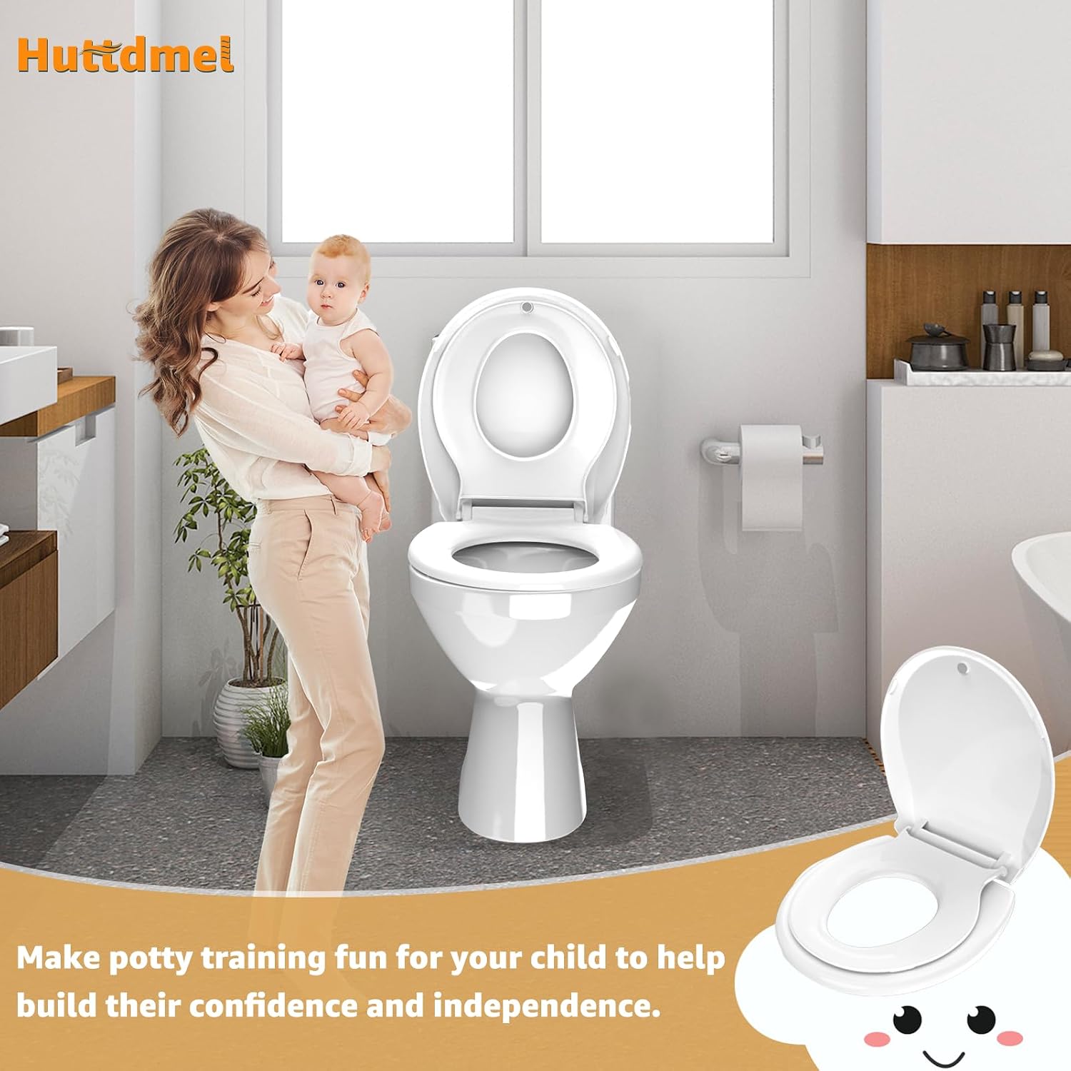Detalle de Huttdmel HTW004 Round Toilet Seat with Removable Toddler Seat, Magnetic Hold, White