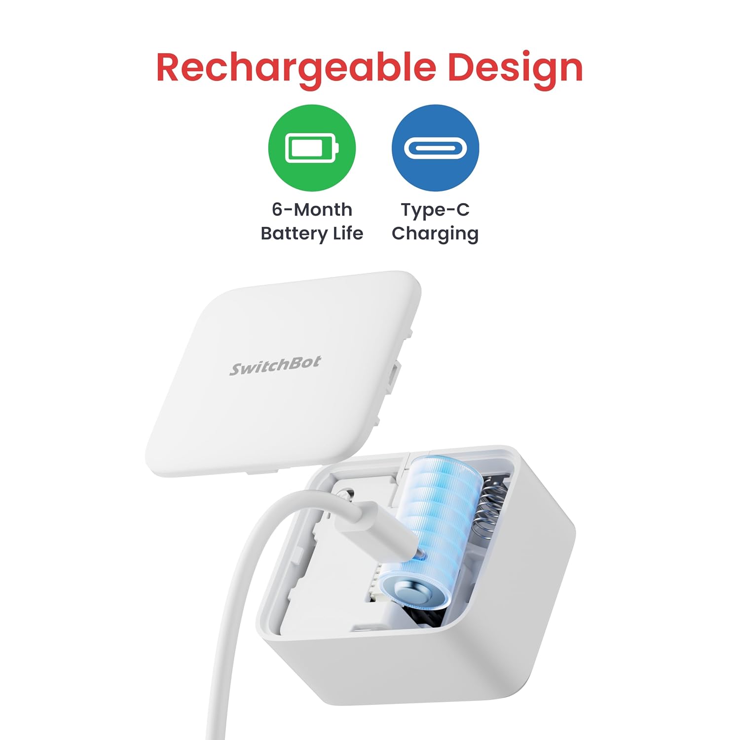 Detalle de SwitchBot Smart Switch Button Pusher Rechargeable – High Torque Fingerbot with USB-C Charging, Matter‑Ready