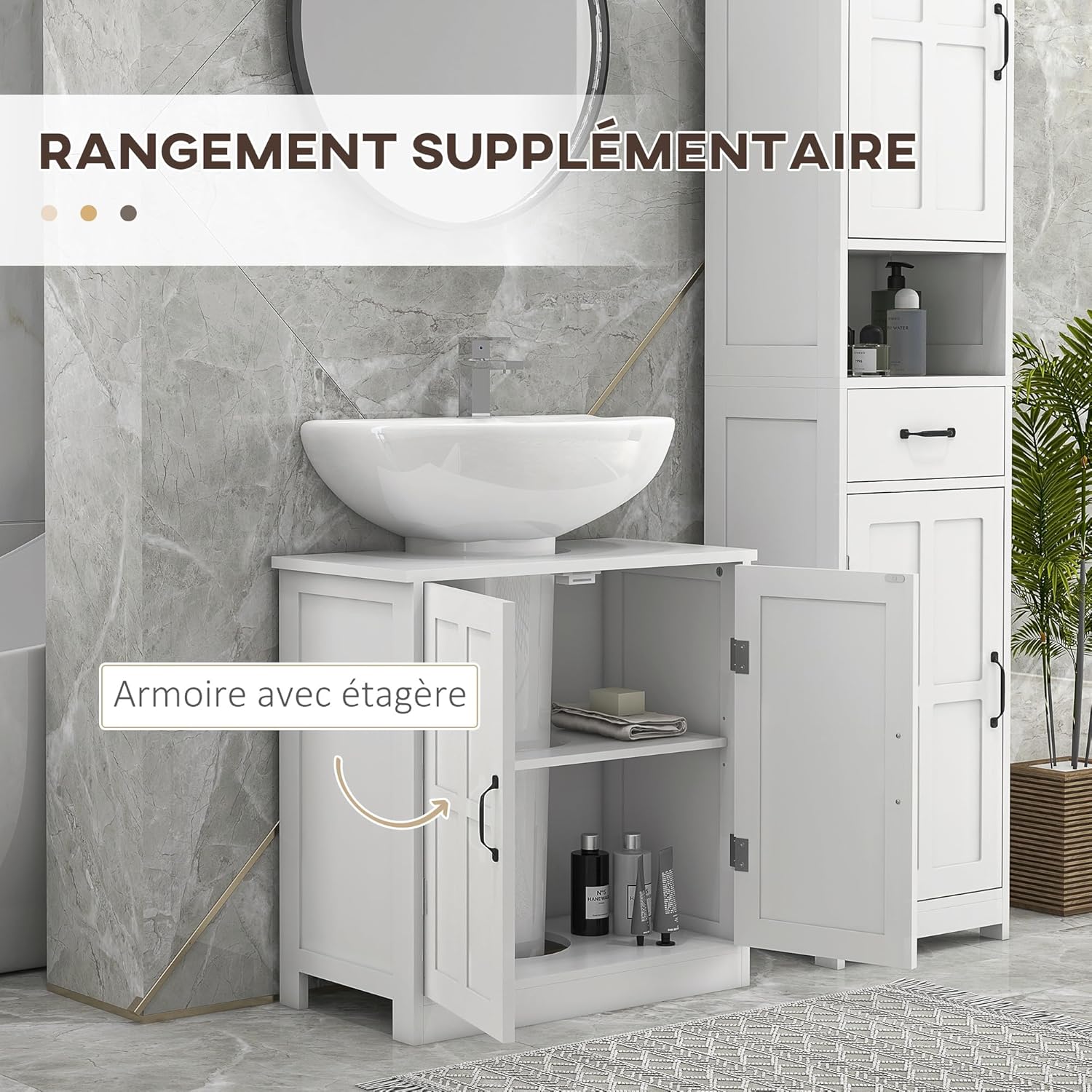 Thumbnail 4 de kleankin Meuble sous lavabo – Armoire de rangement blanche 60 x 30 x 60 cm avec porte double et étagère réglable