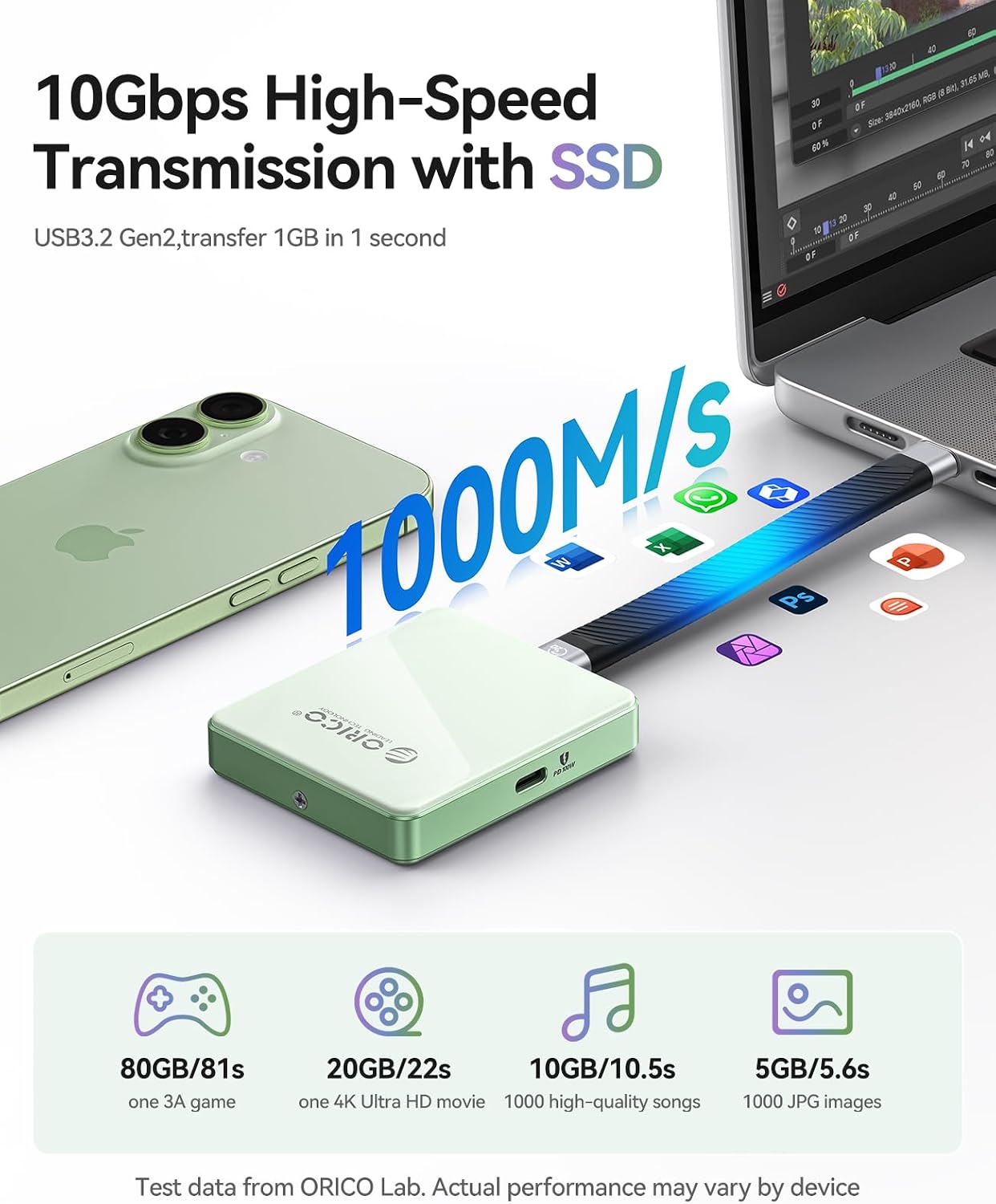 Detalle de ORICO Magnetic Case NVMe M.2 per iPhone 15/16/17 Pro – USB-C 3.2 Gen2 10Gbps, 4K ProRes, PD 100W, SSD 2230/2242 2TB (Verde)