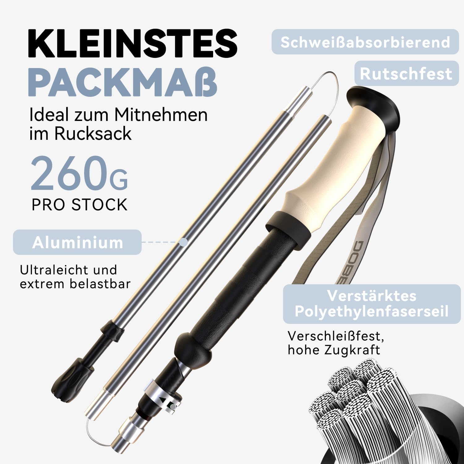 Thumbnail 1 de DOBESTS Wanderstöcke – faltbare Aluminium-Nordic-Walking-Stöcke, 110–130 cm, 300 g, inklusive Gummipuffer und Tragetasche
