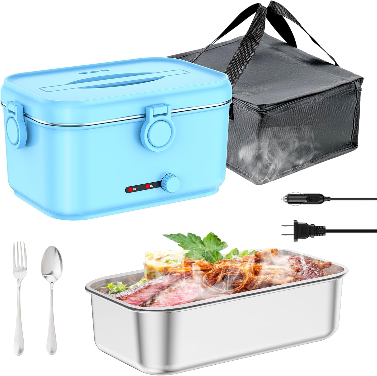 Detalle de Mangoin Heated Electric Lunch Box for Adults, 80W Portable Food Warmer (1.8L Stainless Steel) with Car/Home Flexibility