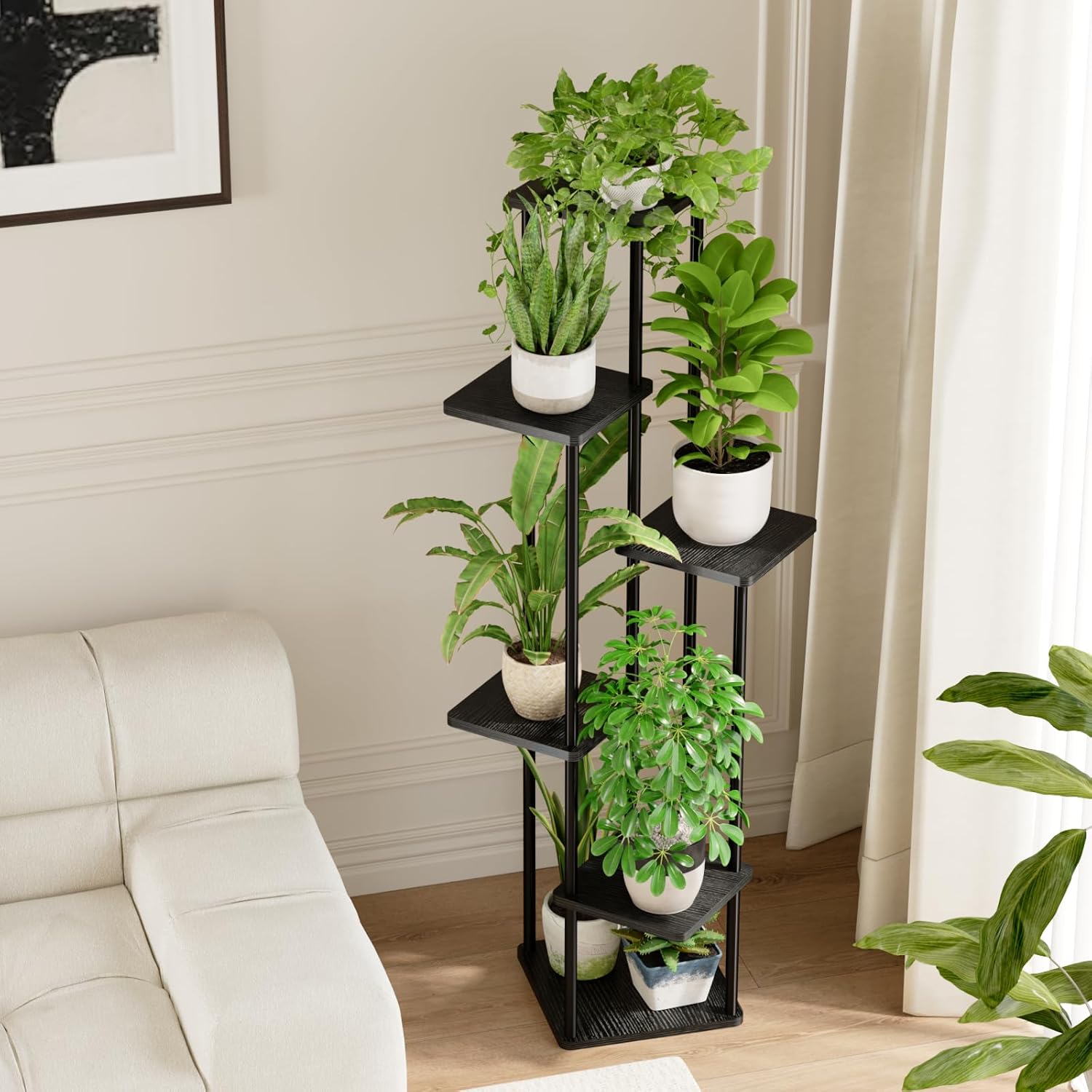 Thumbnail 3 de Bamworld Blumenständer Schwarz Hoch mit 6 Ebenen – platzsparendes Eckregal aus Metall und MDF