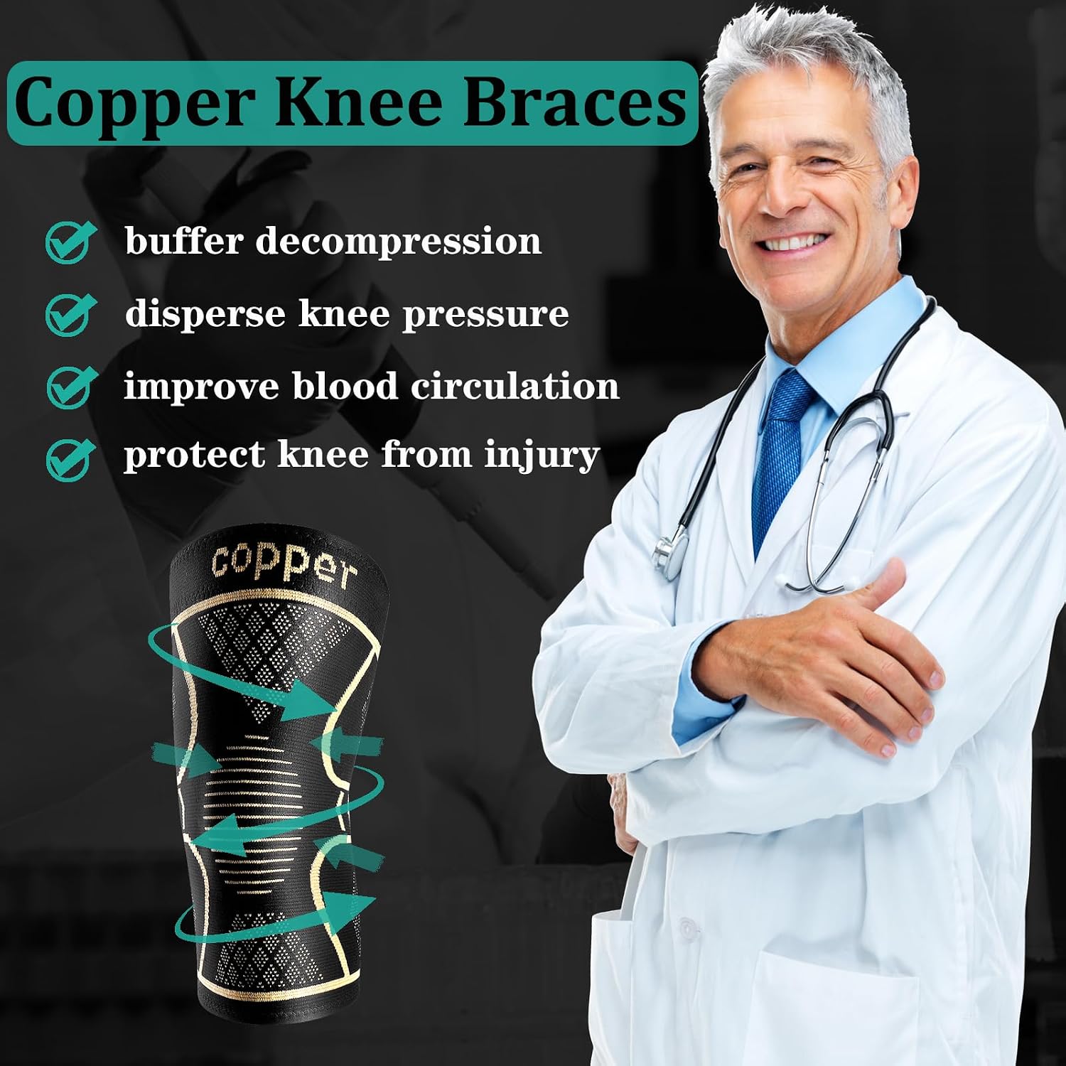 Detalle 2 de Qishytio Copper Compression Knee Sleeves, 3X-Large, 2-Pack with Anti-Slip Grip