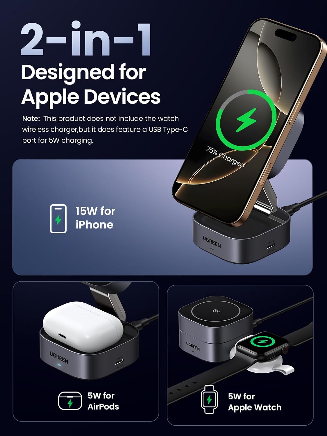Detalle 2 de UGREEN 15W MagFlow MagSafe Charger – 2-in-1 Wireless Station (Foldable) for iPhone and AirPods
