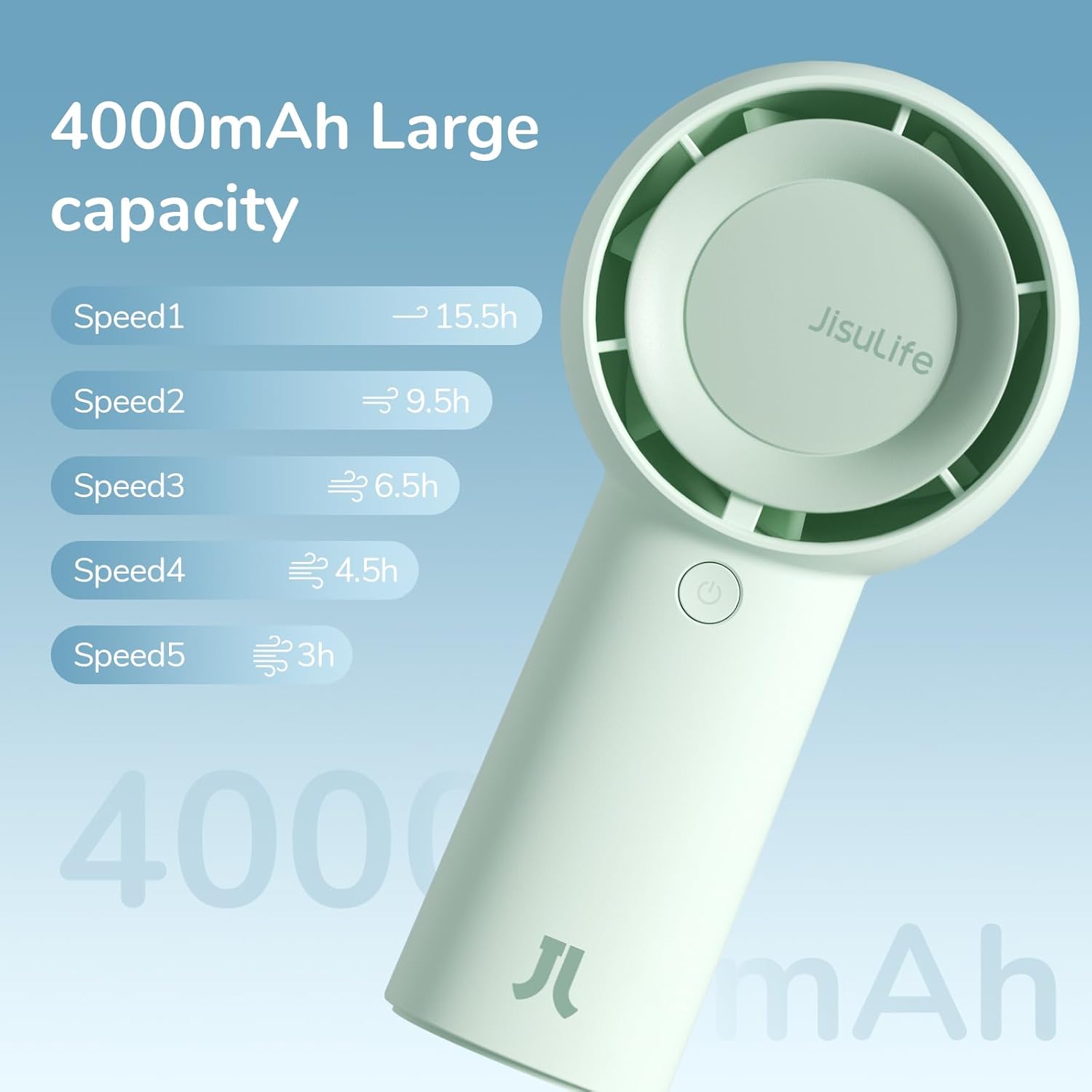 Detalle de JISULIFE Turbo Handventilator Akku – 16 Stunden Laufzeit, 4000 mAh, 5 Geschwindigkeiten, Braun