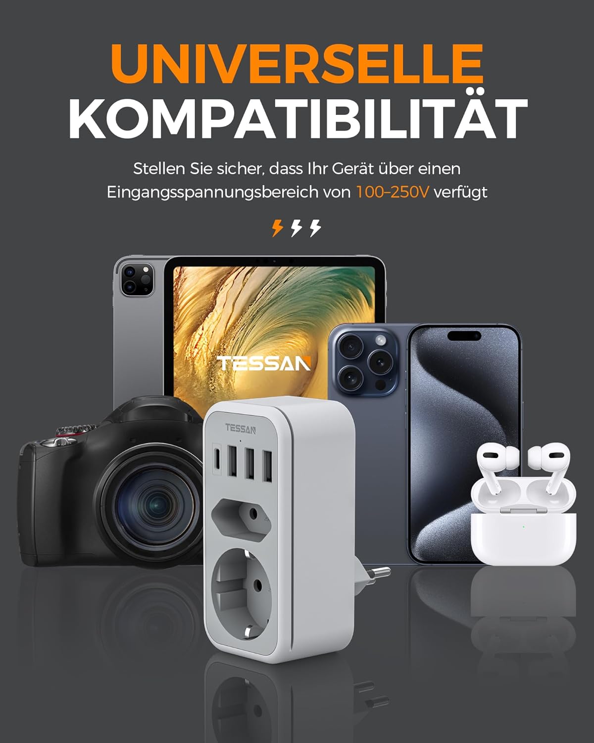 Thumbnail 6 de TESSAN Adapter Schweiz Deutschland 6-in-1: USB-C + 3 USB-A, Reisestecker Typ J