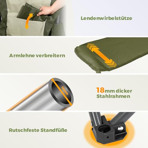 Detalle 2 de Homecall Campingstuhl faltbar bis 150 kg – Angelstuhl 108 cm, Grün (2er-Set)