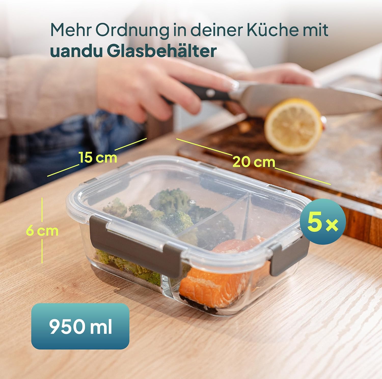 Detalle 2 de uandu Meal Prep Boxen Glas 2 Fächer 950 ml
