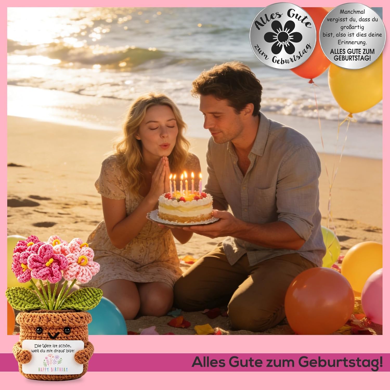Detalle 2 de Tixlux Rosa Vergissmeinnicht – Handgehäkelte Herzblume als Geburtstagsgeschenk für Frauen