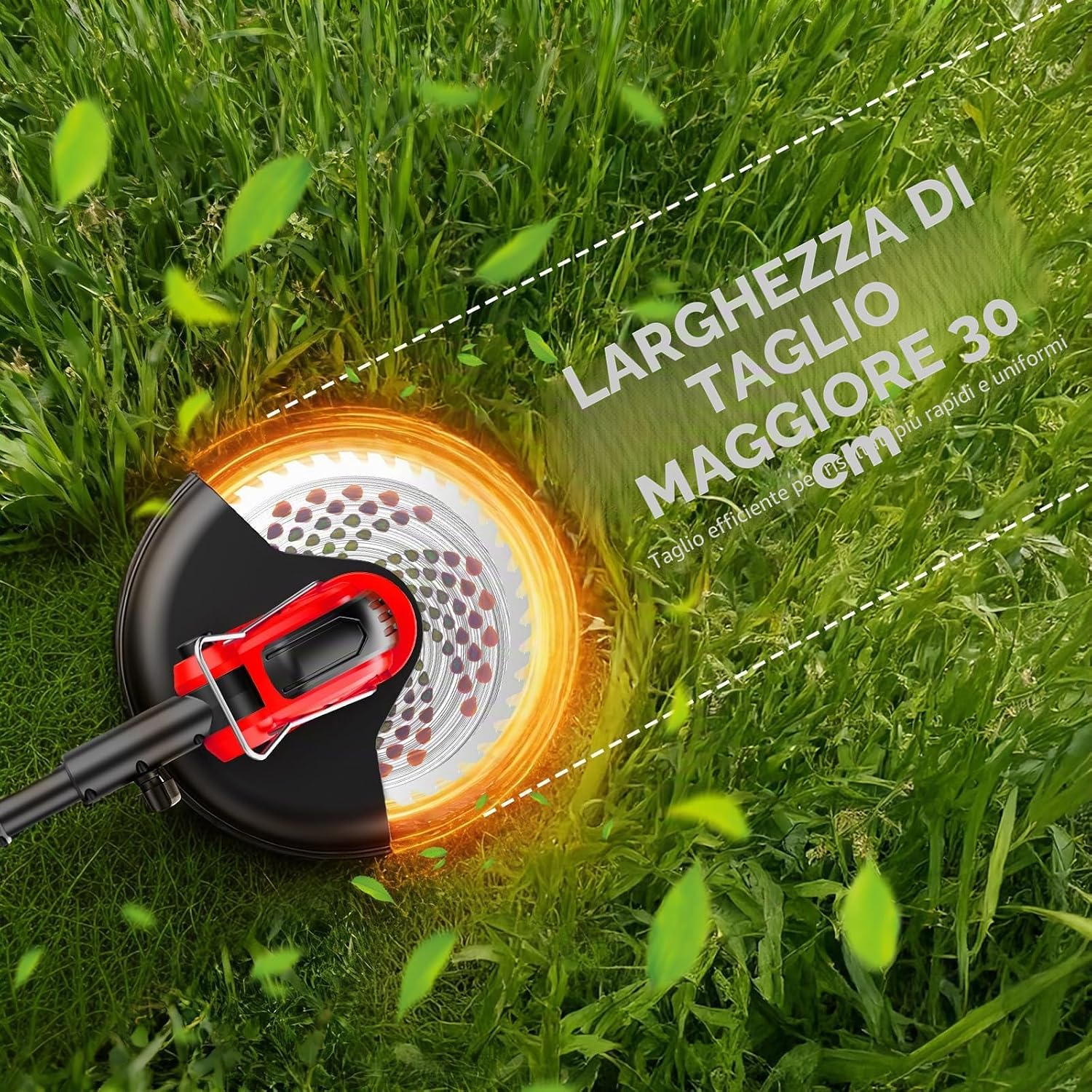 Detalle de Decespugliatore a Batteria da 30 cm con Motore Anteriore Brushless e 4 lame – 2x3000mAh