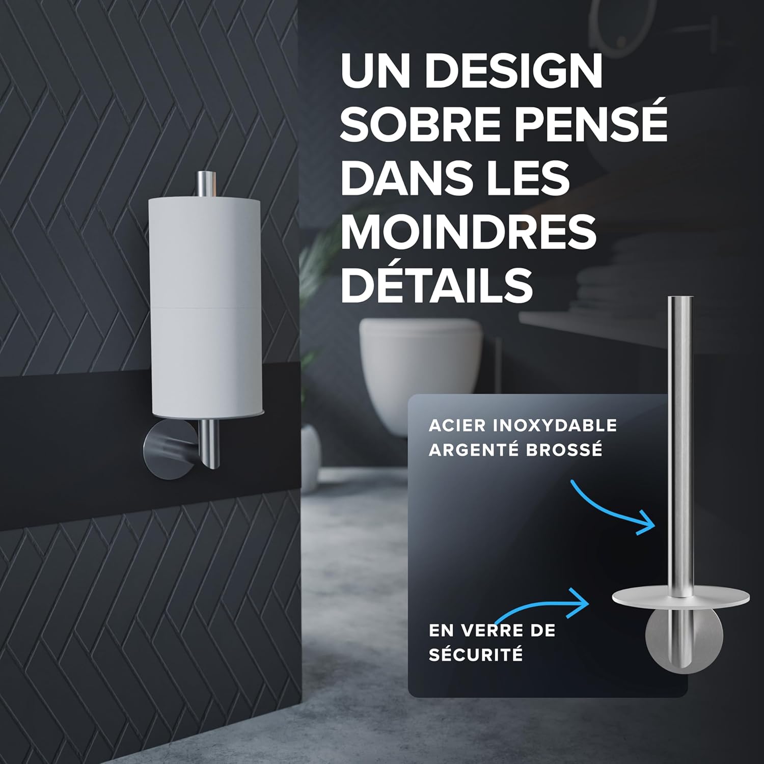 Thumbnail 5 de ovimar Hesselo Porte-Rouleau argenté à coller – support mural sans perçage, acier inoxydable et verre