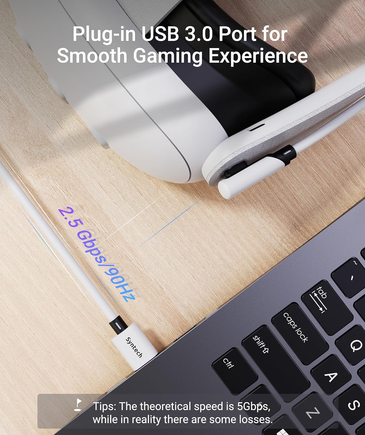 Detalle de Syntech Link-Kabel mit Ladefunktion (6 m) für Meta Quest 3/3S/2 – USB 3.0 A auf C, für PC/SteamVR
