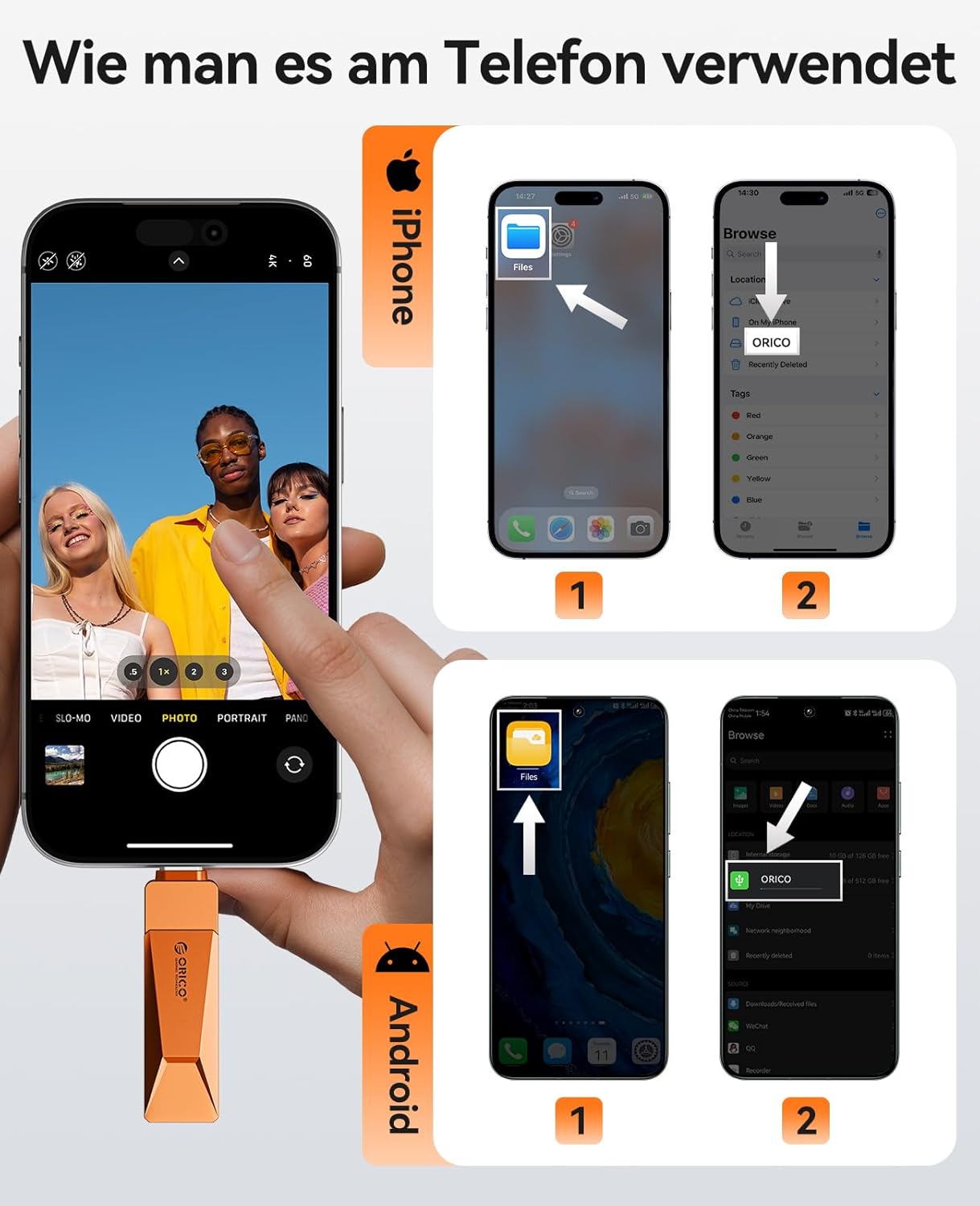Thumbnail 3 de ORICO USB Stick 128GB CB05 – Dual USB-C/USB-A, USB 3.2 Gen1, 150 MB/s, Zinkgehäuse, 360° Drehverschluss, Orange
