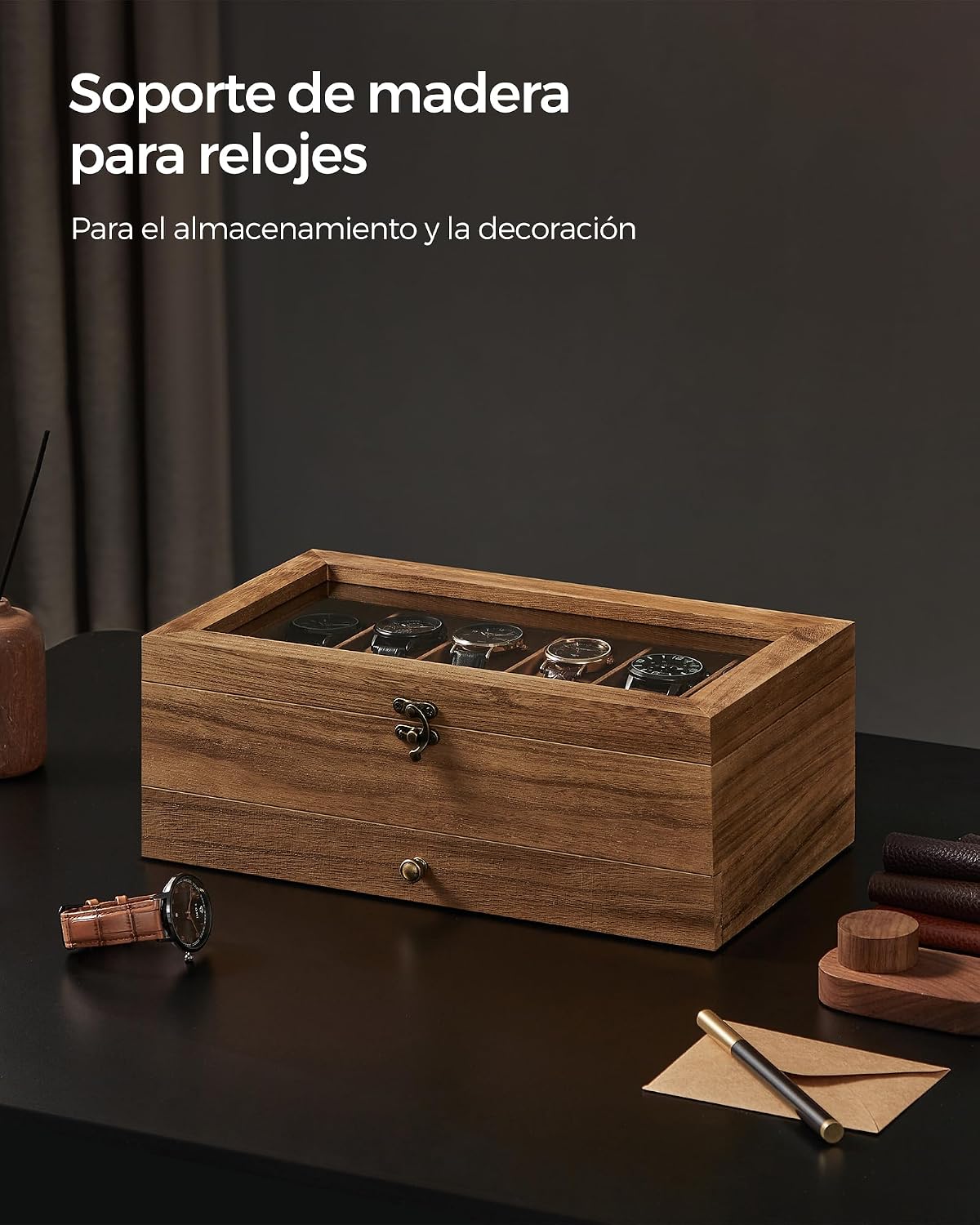 Detalle de SONGMICS Caja de Relojes con 12 Ranuras JOW012K01 – Estuche de Madera de Dos Niveles con Tapa de Cristal