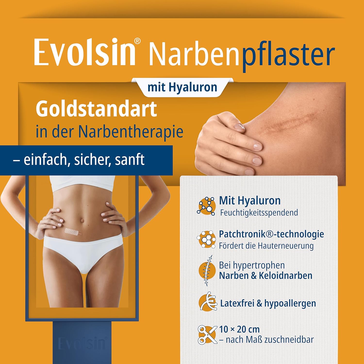 Detalle 2 de Evolsin Narbenpflaster mit Hyaluron & Patchtronik – Für OP-Narben, Kaiserschnitt, Keloide & hypertrophe Narben