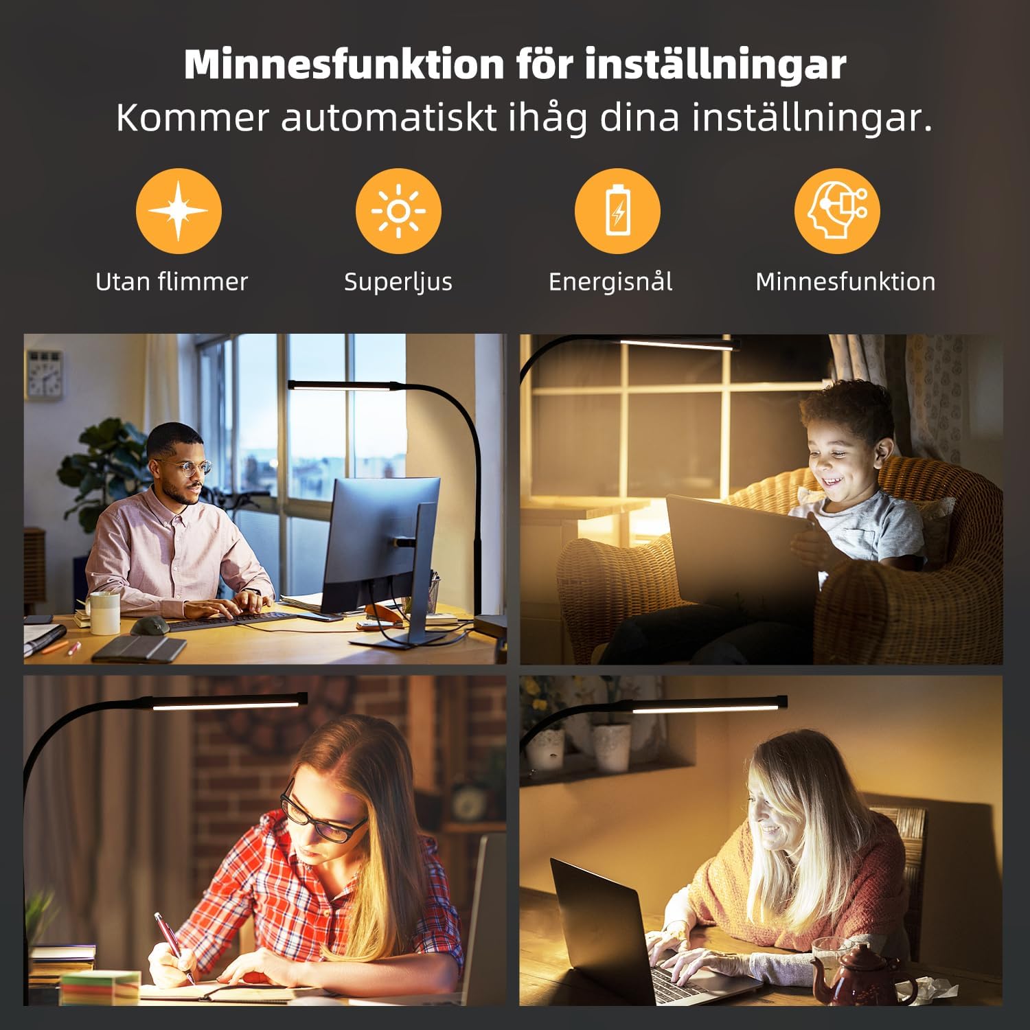 Detalle de LIBORA LED-skrivbordslampa med klämma, 10 ljusnivåer och USB-C