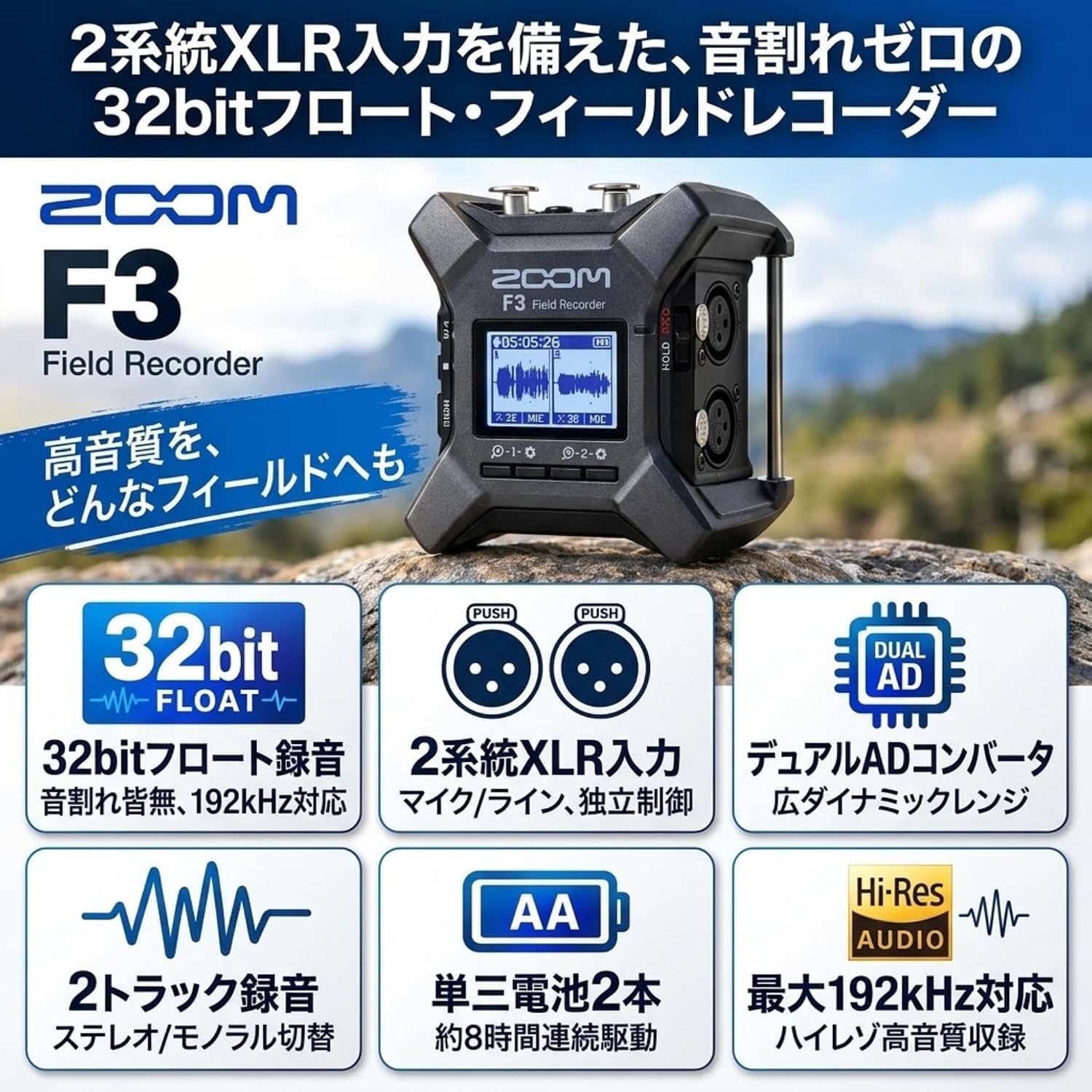 Detalle 2 de ZOOM F3 フィールドレコーダー 32bitフロート録音・2系統XLR入力・ケースセット