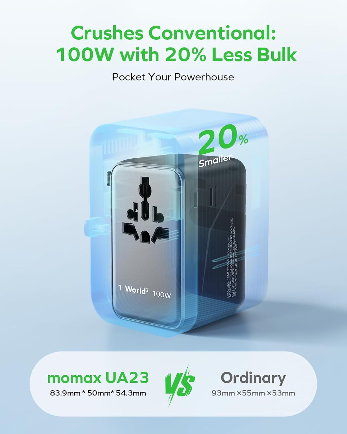 Detalle de MOMAX Universal Travel Adapter (100W Fast GaN) with 2 AC outlets and dual USB-C/USB-A ports