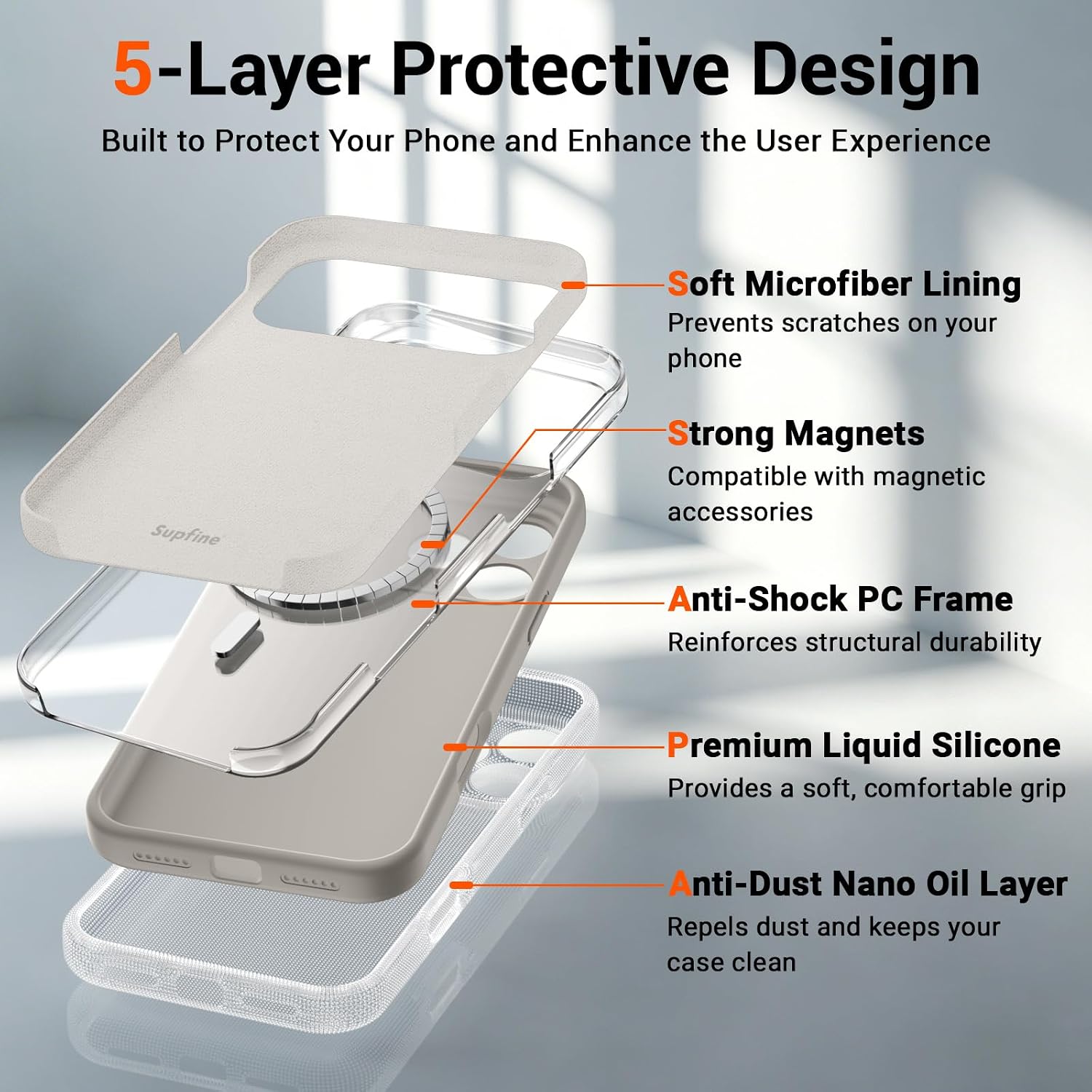 Detalle de SUPFINE Magnetic Case for iPhone 17 Pro (6.3") with MagSafe, Full Camera Protection & Screen Protector