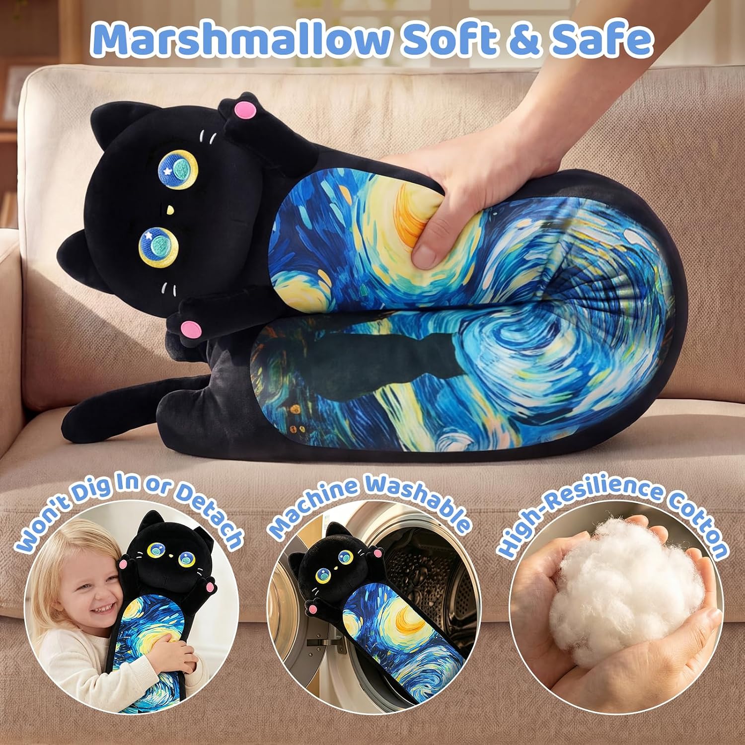 Detalle 2 de Mewaii Long Cat Plush 5 Sizes (120% Extra Filling) Giant Long Body Pillow — Kawaii Black Starry Cat
