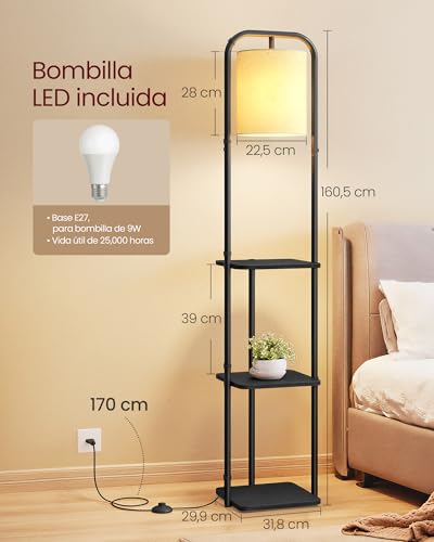 Detalle de VASAGLE Lámpara de Pie con 3 Estantes LFL001BD02 – Luz LED integrada, 3 temperaturas, pantalla de tela, negro
