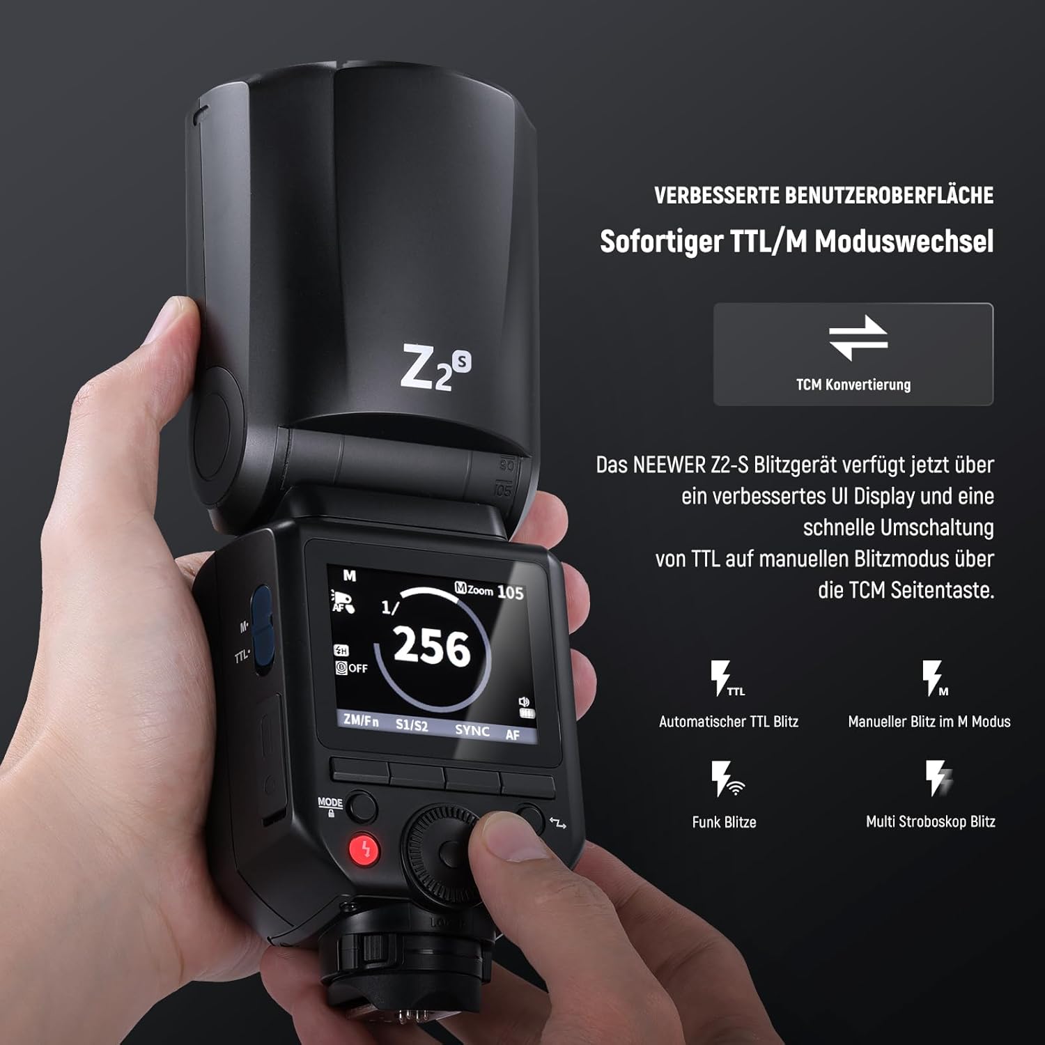 Detalle de NEEWER Z2-S TTL Blitzkopf für Sony – 76W Leistung, HSS 1/8000, TTL/M-Modus, 2600mAh Akku