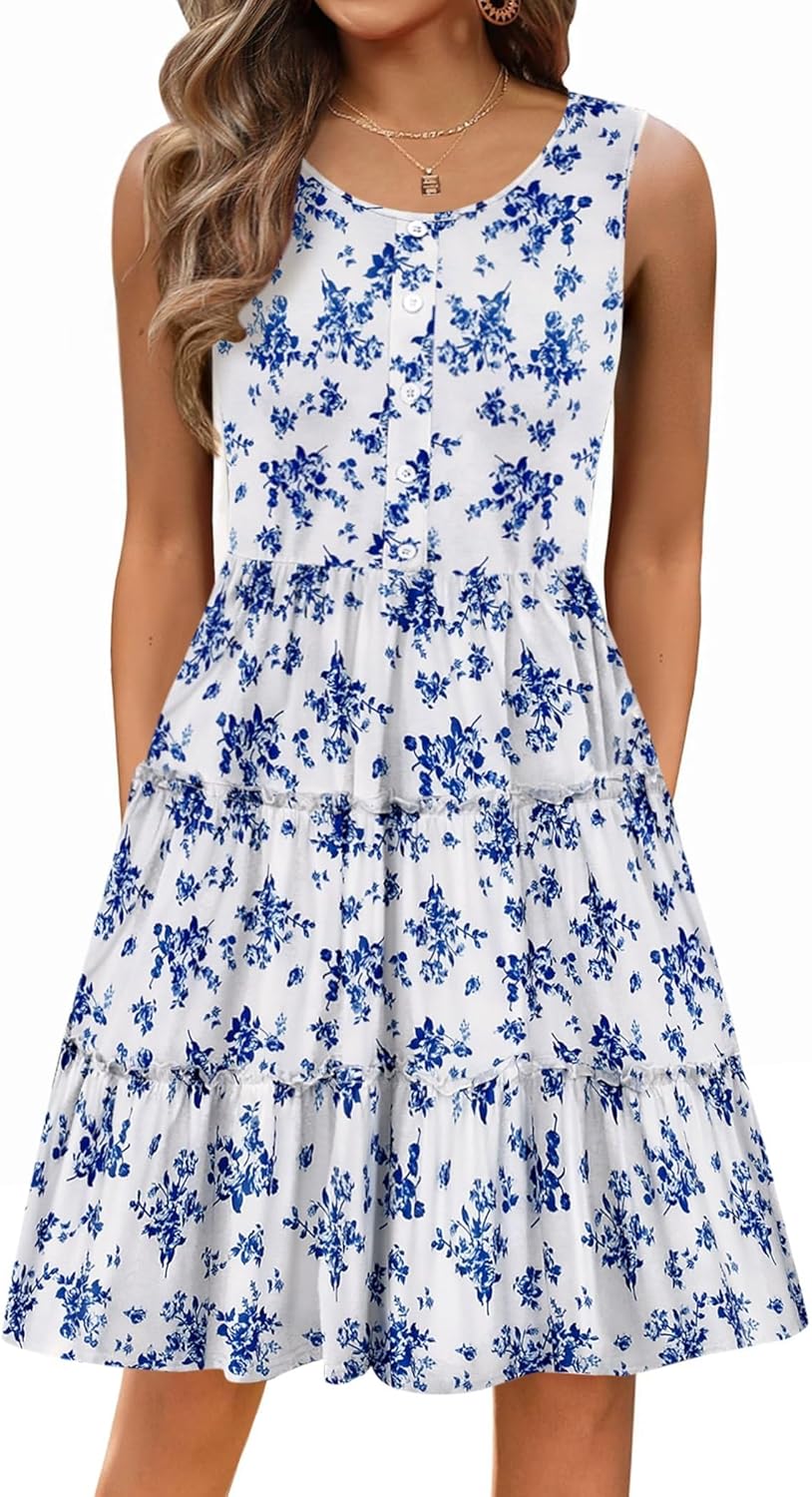 Thumbnail 6 de Hotouch Robe Femme Été sans Manches — Robe Décontractée à Fleurs avec Poches, Mi-longue