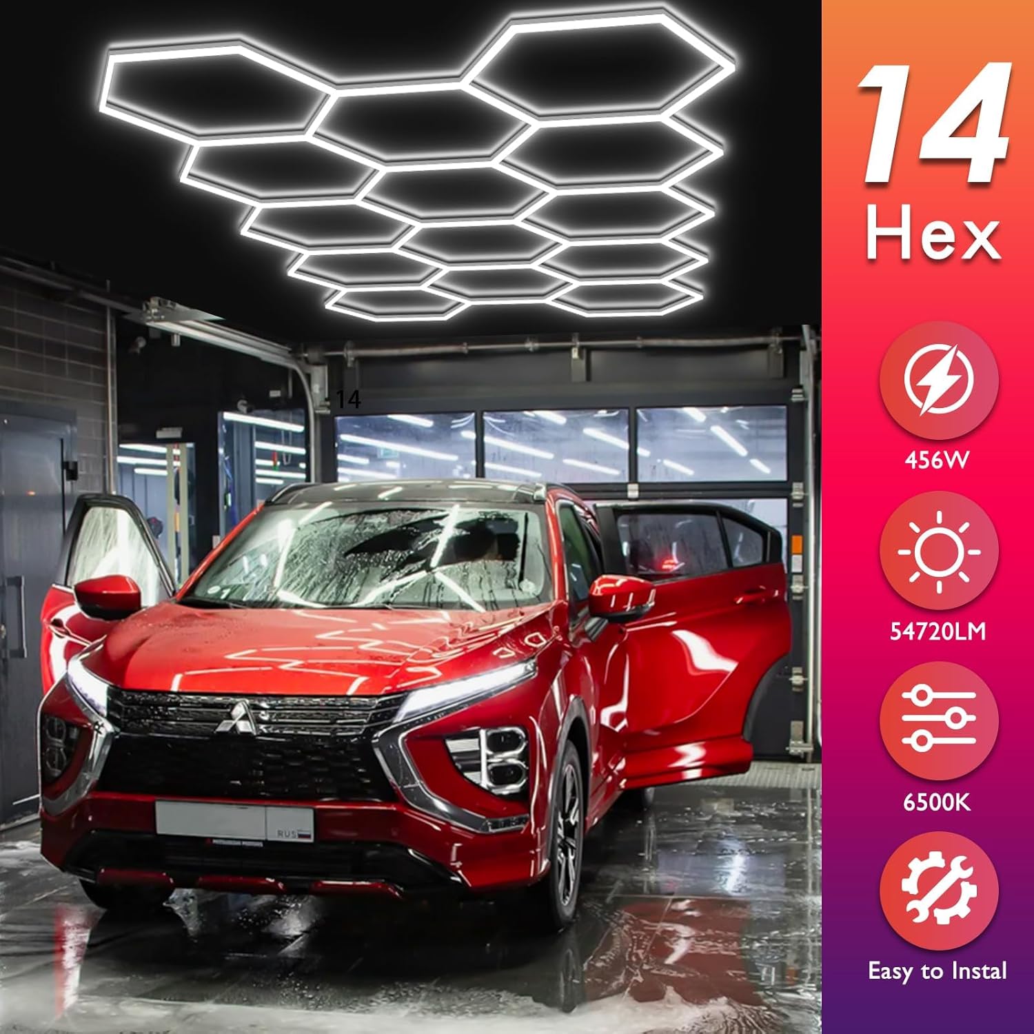 Thumbnail 1 de Hexagon LED Garage Lights, 456W, 6500K – Honeycomb Ceiling Light (14-HEX) for Garage, Workshop and More