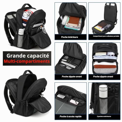 Detalle de Sac à Dos Homme Grand 55L PUSLOM 18,4'' – Antivol, USB et Imperméable, idéal voyage et travail