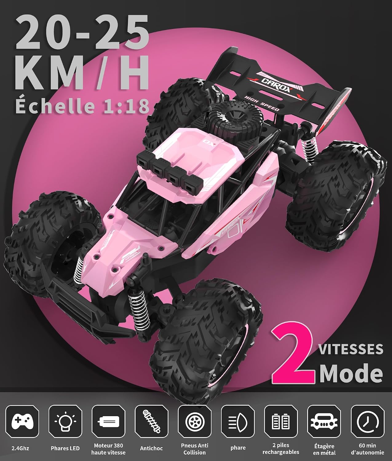 Detalle 2 de Carox ferngesteuertes Auto für Mädchen ab 6 – Pinkes Geländewagen-RC mit 2 Akkus, 25 km/h, 2.4 GHz