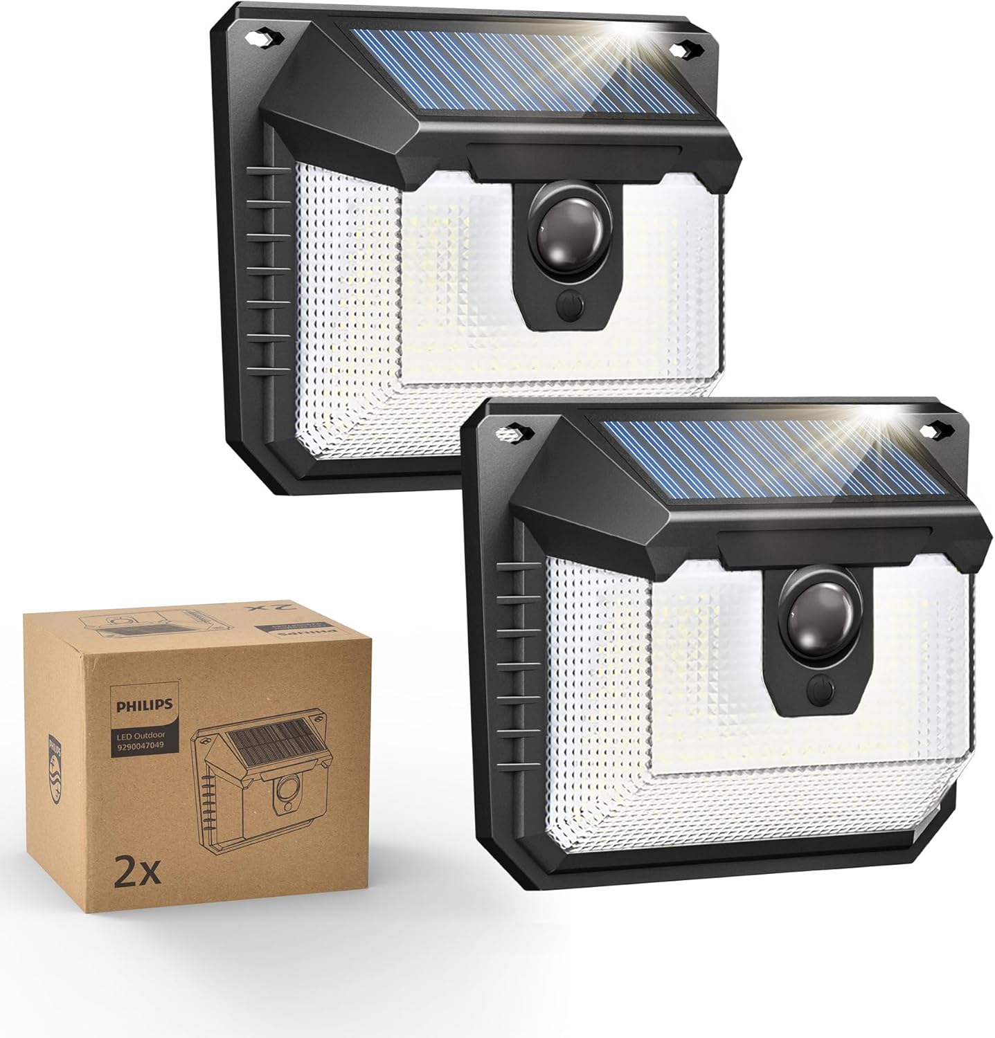 Detalle de Philips Outdoor Solar Lights with Motion Sensor (2 Pack) – 120 LED, 300 Lumen, 3 Lighting Modes