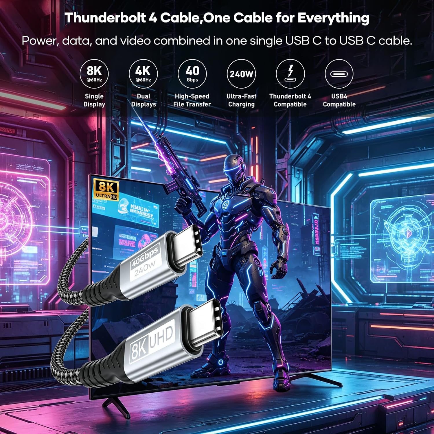 Thumbnail 1 de bakibo Thunderbolt 4 Kabel 1,2 m – USB-C Kabel 240 W, 40 Gbps, 8K/4K Display, PD 3.1