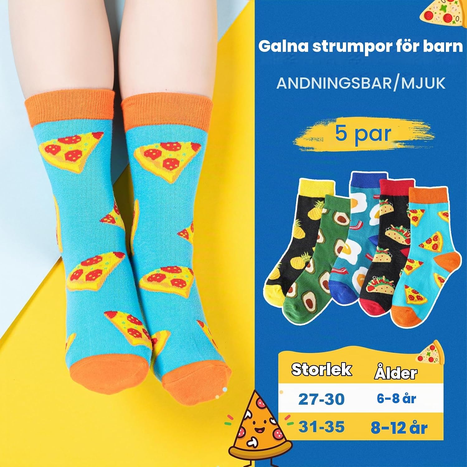 Detalle de BISOUSOX barnstrumpor i bomull med matmotiv, storlek 27–30 och 31–35