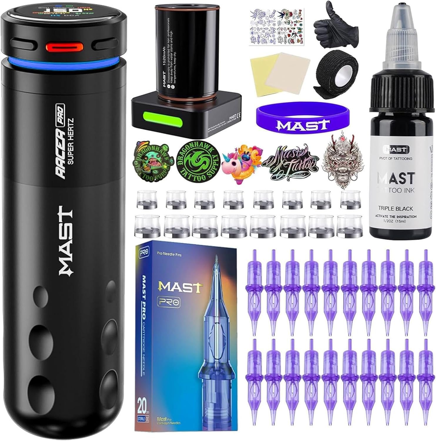 Mast Racer Pro Kit macchina per tatuaggi senza fili con 20 aghi, 2 batterie e inchiostro nero
