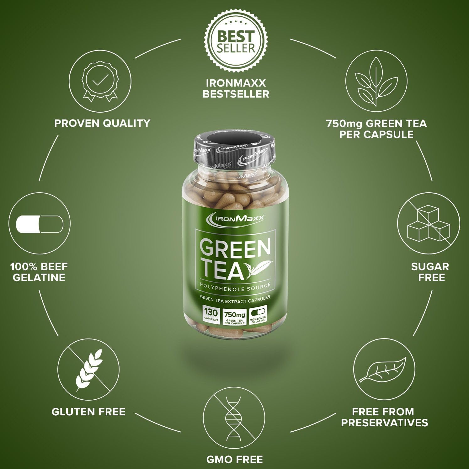 Detalle 2 de IronMaxx Té Verde Extracto, 130 Cápsulas