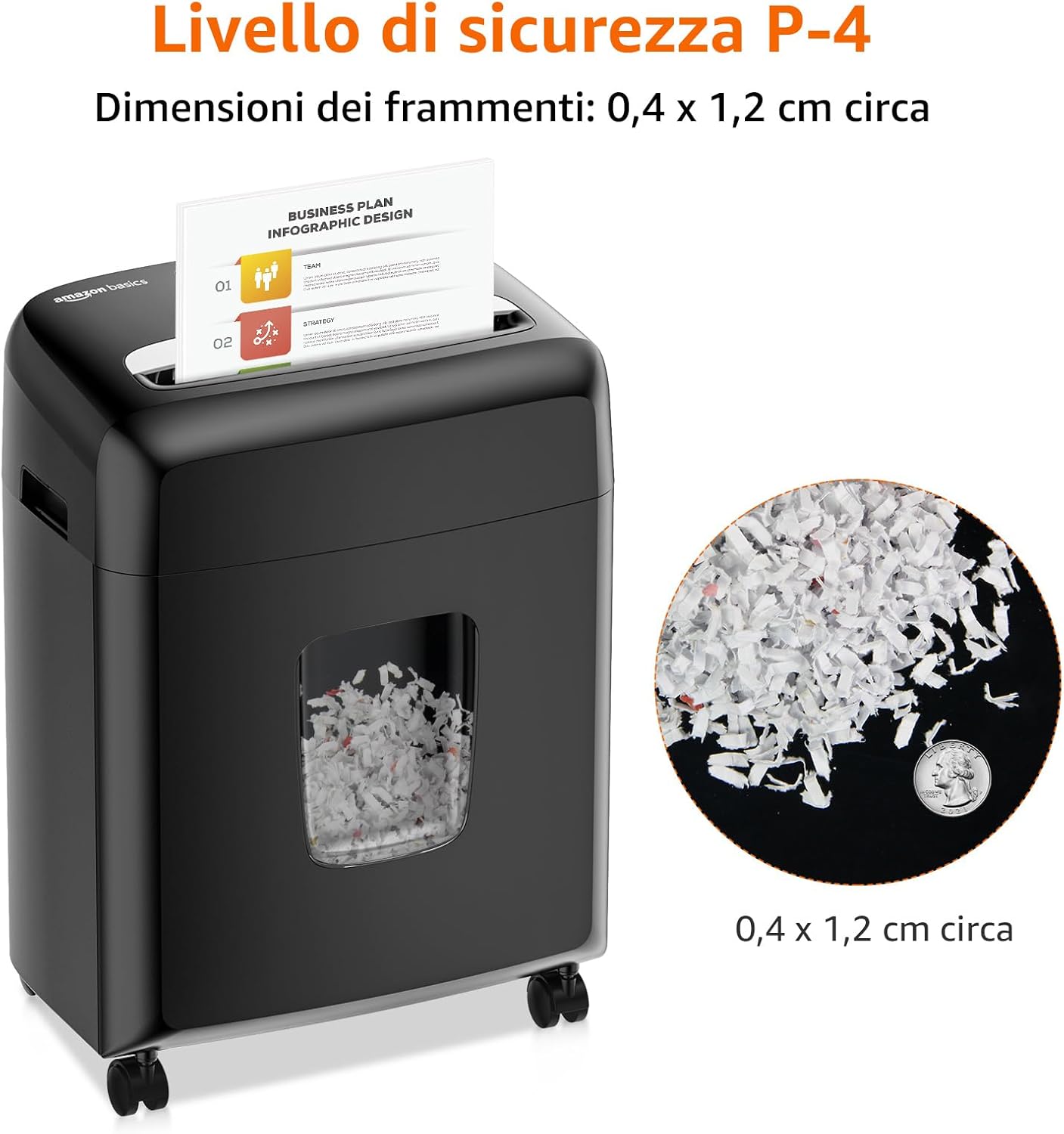 Detalle de Amazon Basics distruggi documenti a micro frammenti (8 fogli) con taglio 4 x 12 mm, CD/DVD e carte di credito, Nero