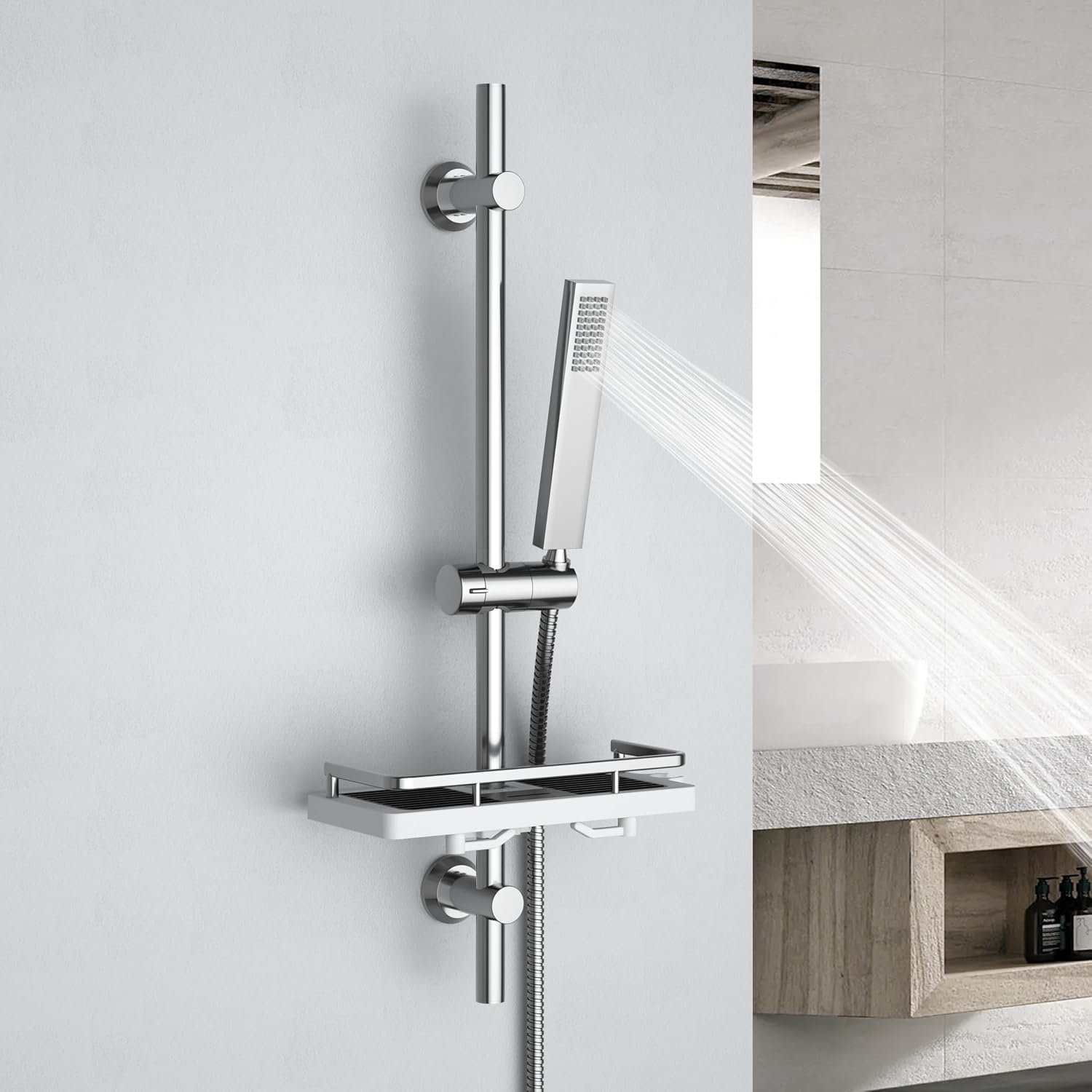 Detalle 2 de Görbach Colonna Doccia in Acciaio Inox 70 cm con Mensola e Doccetta Regolabile – Cromata