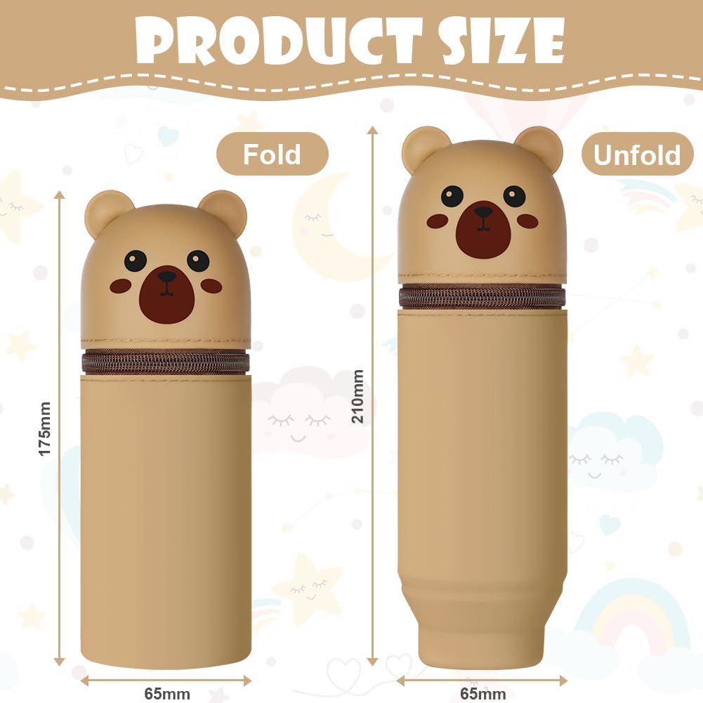 Detalle de Vicloon Brown Bear Silicone Pencil Case, Retractable 2-in-1 Pen Holder