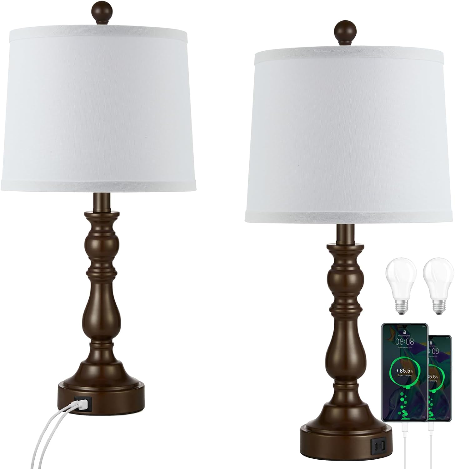 Detalle de Leasgy L-2T-138-G Table Lamp Set of 2, USB-A and USB-C Ports