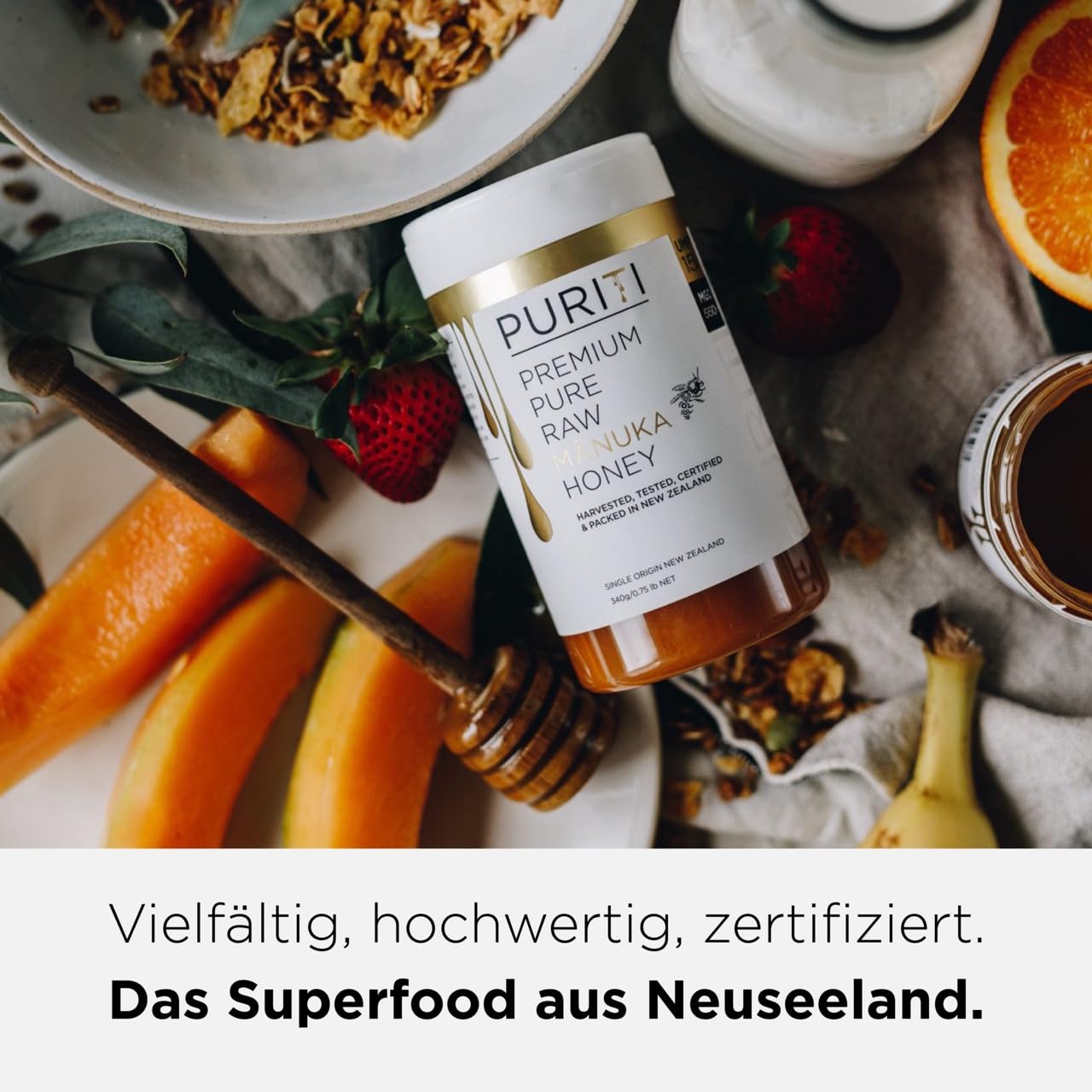 Detalle de PURITI Manuka Honig MGO 400+ 500 g aus Neuseeland – laborgeprüft, direktimportiert, frei von Zusatzstoffen