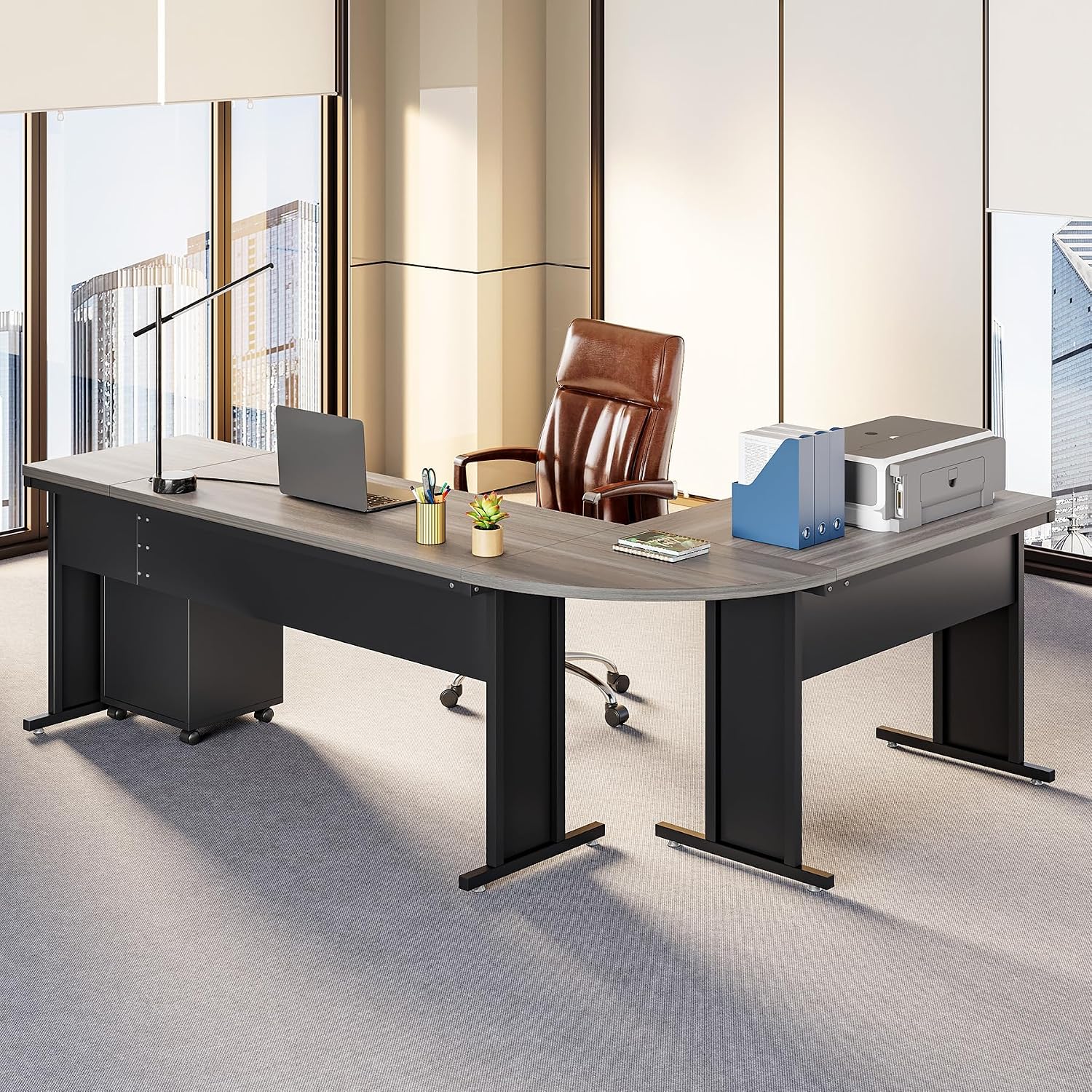 Thumbnail 1 de LITTLE TREE QP083A Reversible L-Shaped Executive Desk with Mobile File Cabinet
